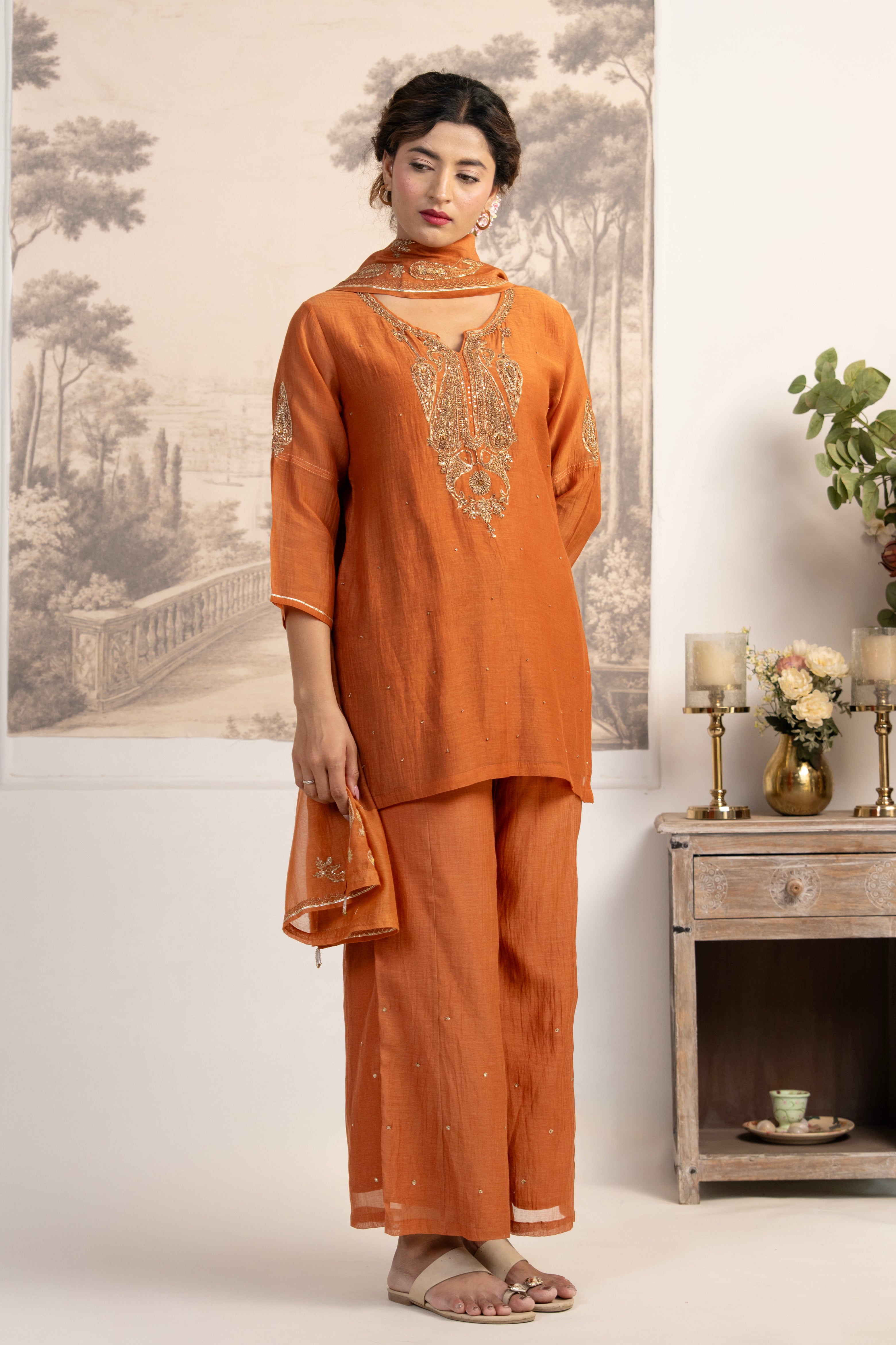 RUST ORANGE MEENA TOP SET WITH DUPATTA