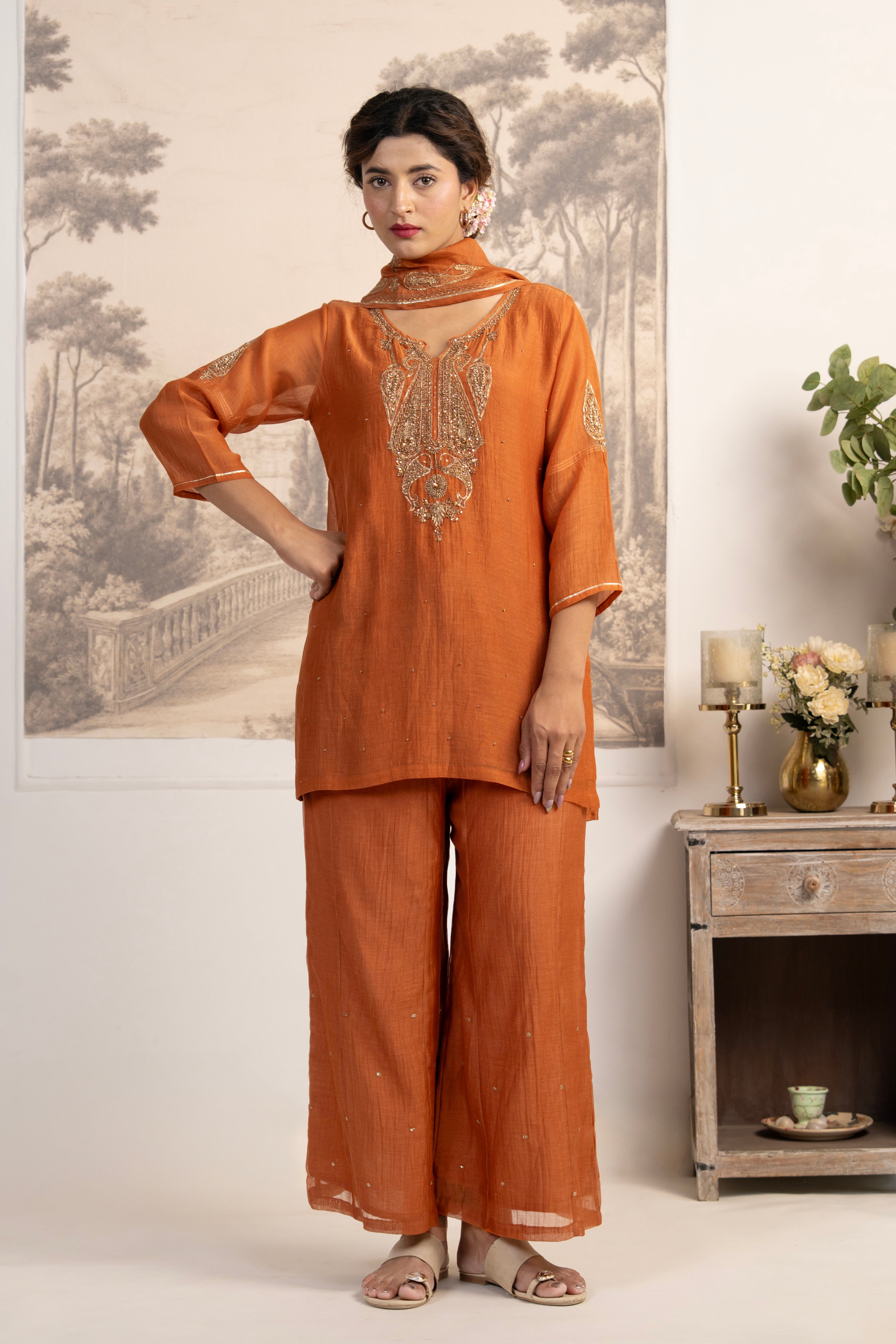 RUST ORANGE MEENA TOP SET WITH DUPATTA
