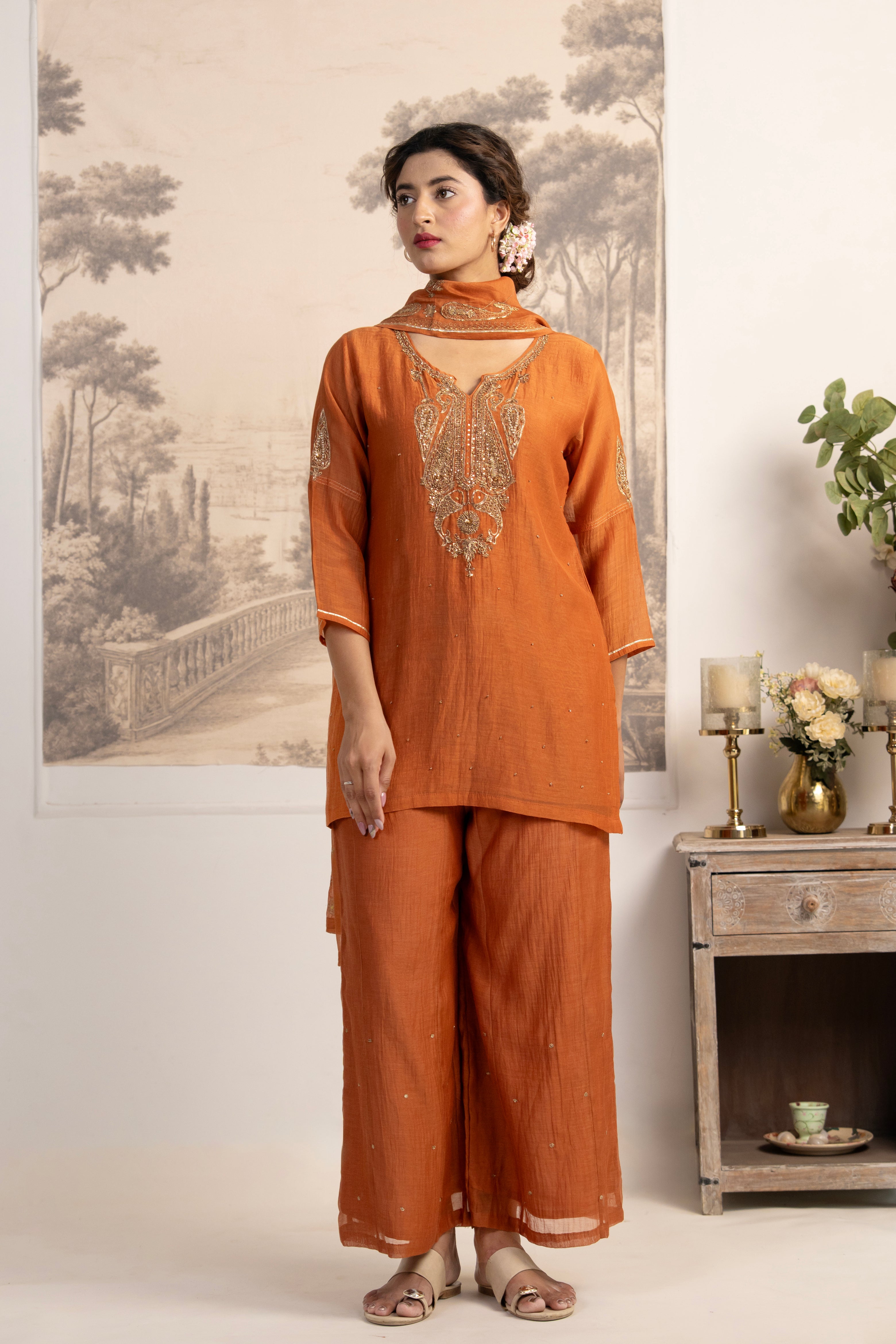 RUST ORANGE MEENA TOP SET WITH DUPATTA