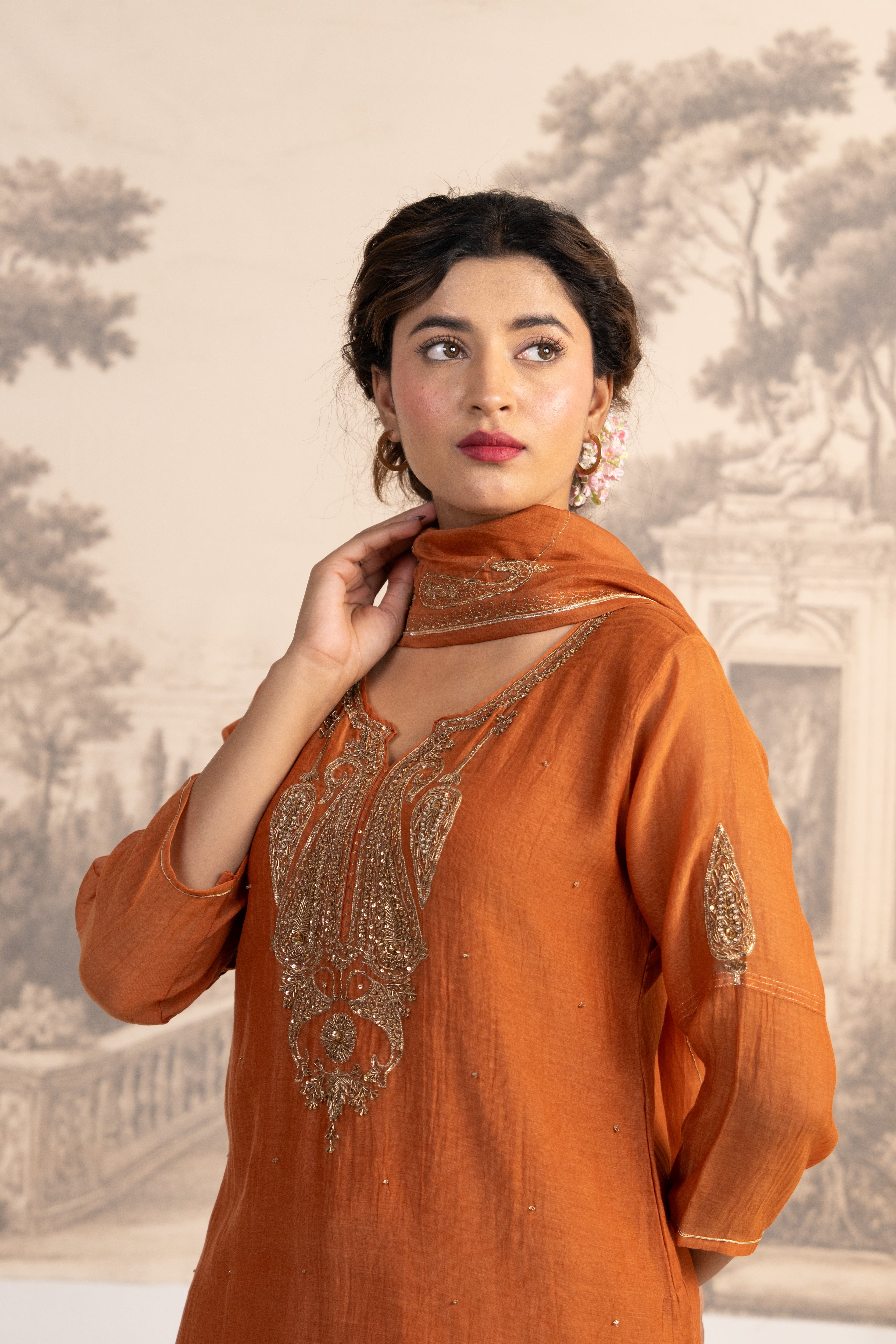 RUST ORANGE MINA TOP SET WITH DUPATTA