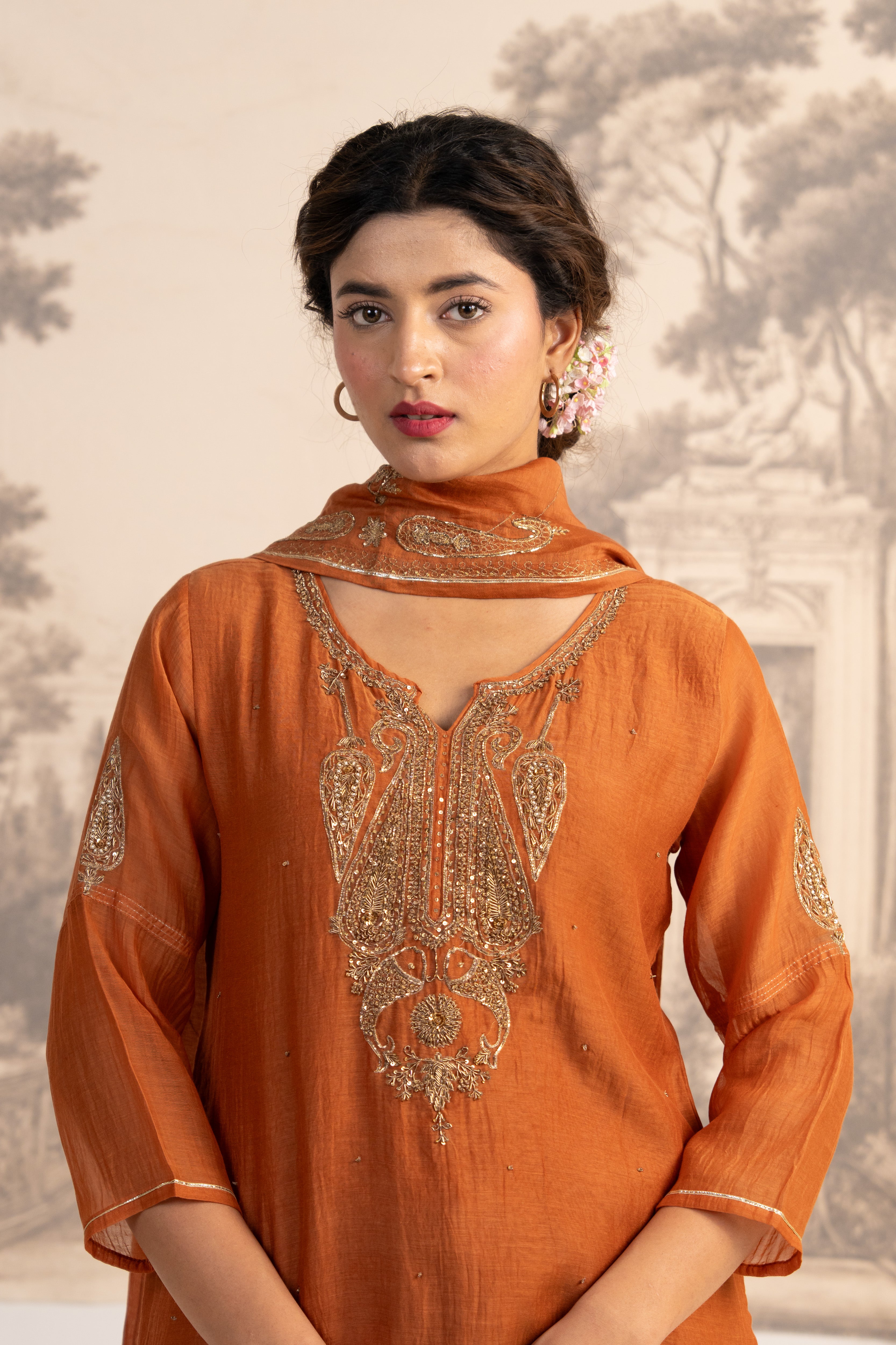 RUST ORANGE MEENA TOP SET WITH DUPATTA
