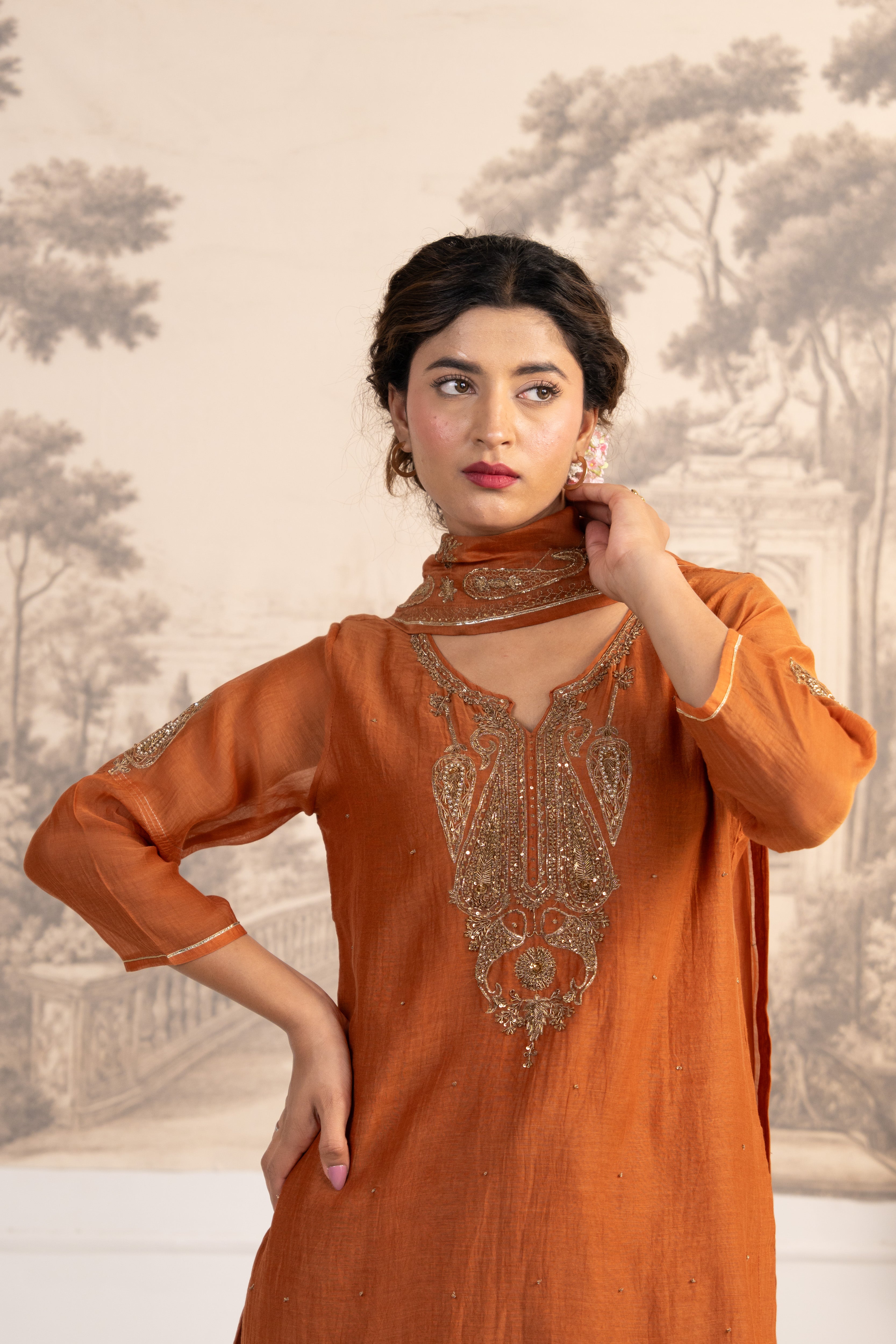 RUST ORANGE MEENA TOP SET WITH DUPATTA