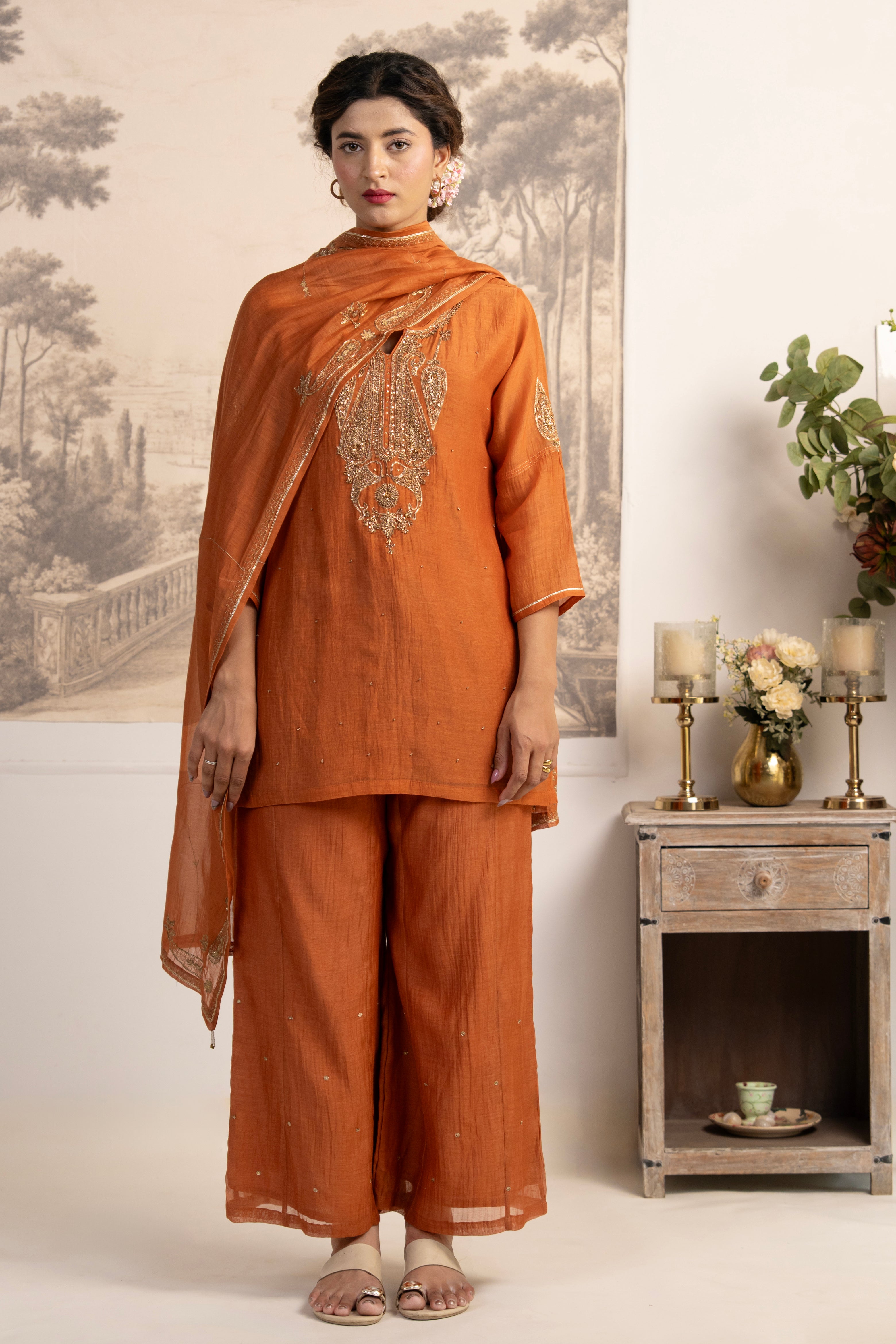 RUST ORANGE MEENA TOP SET WITH DUPATTA