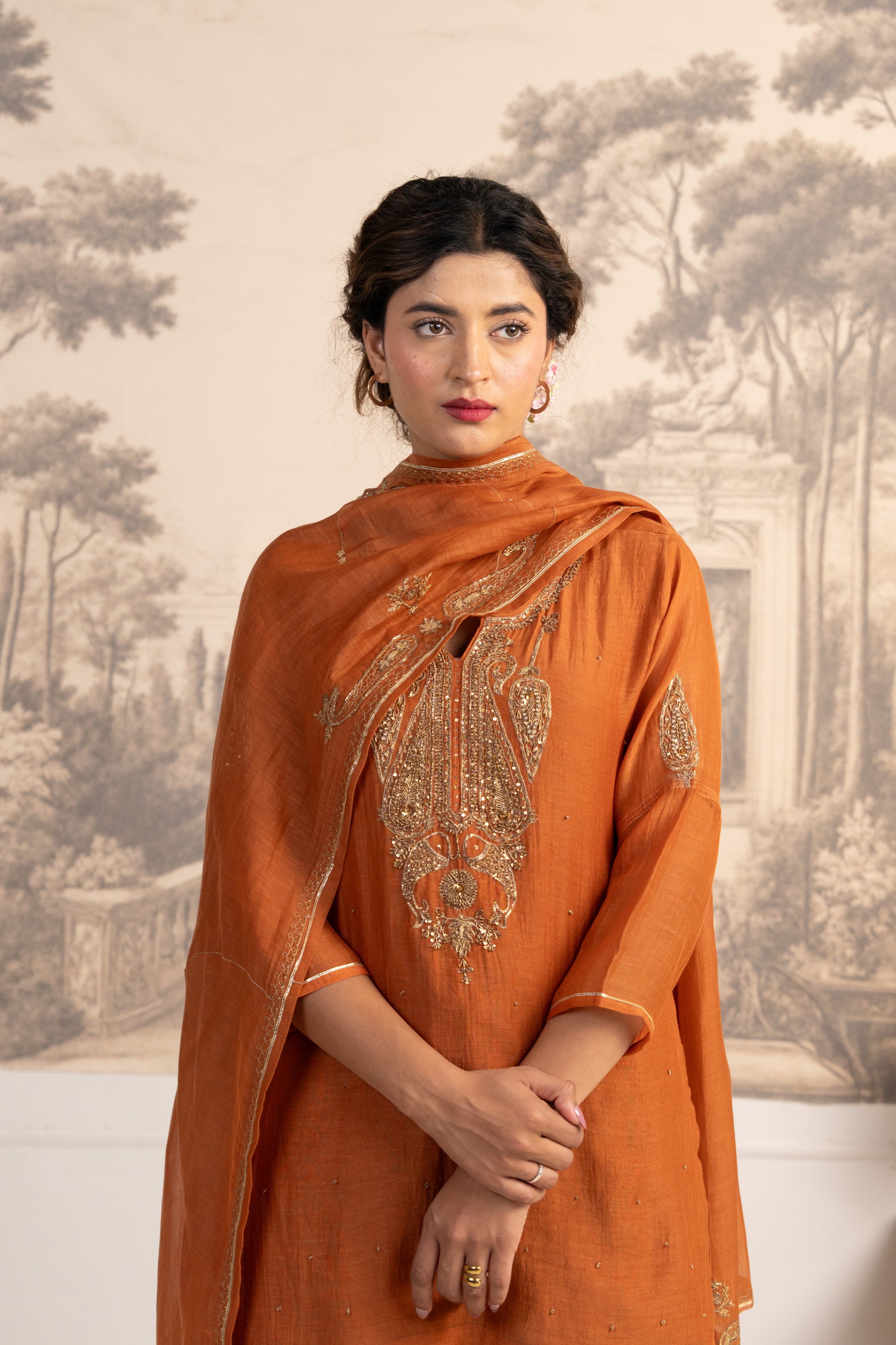 RUST ORANGE MEENA TOP SET WITH DUPATTA
