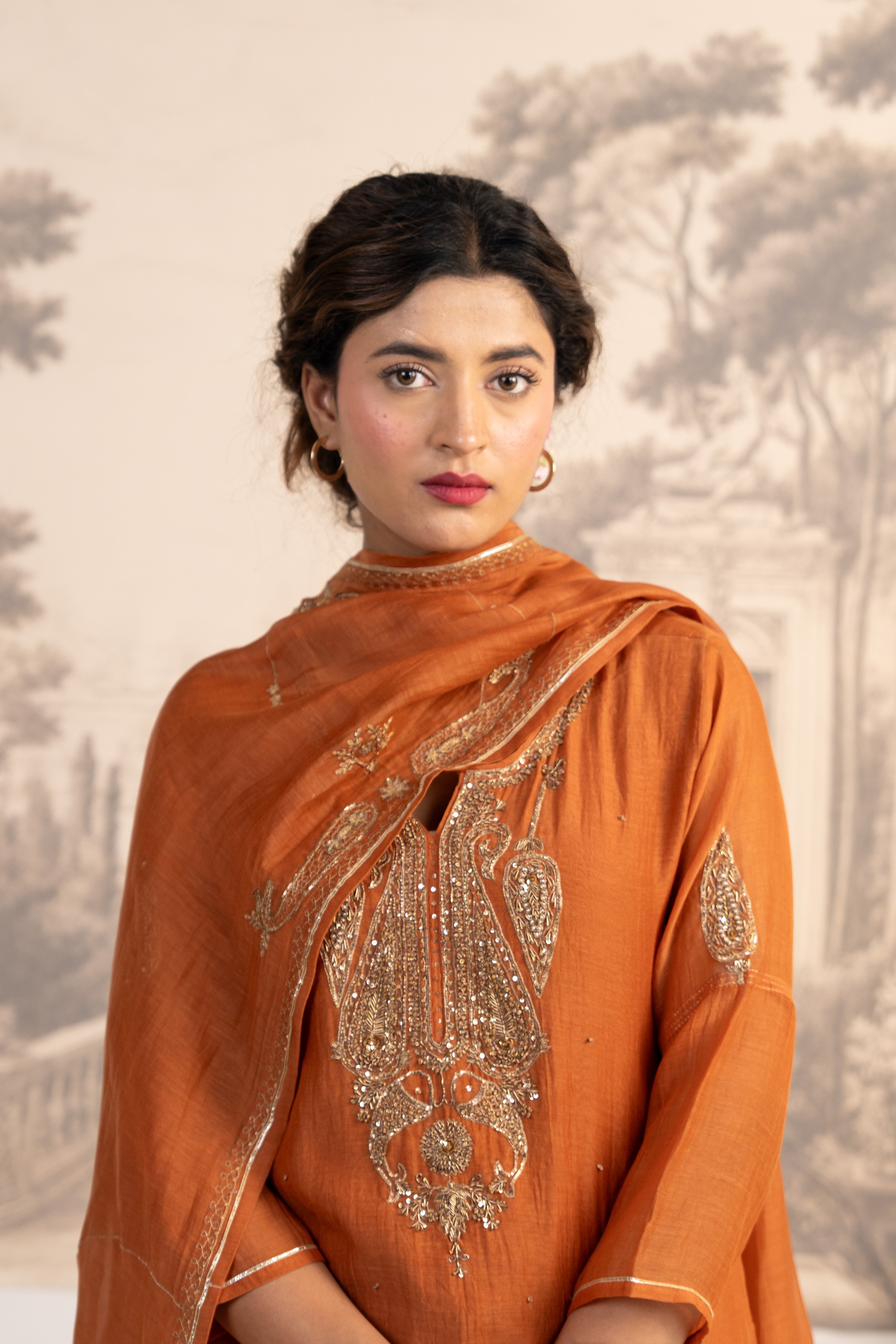 RUST ORANGE MEENA TOP SET WITH DUPATTA