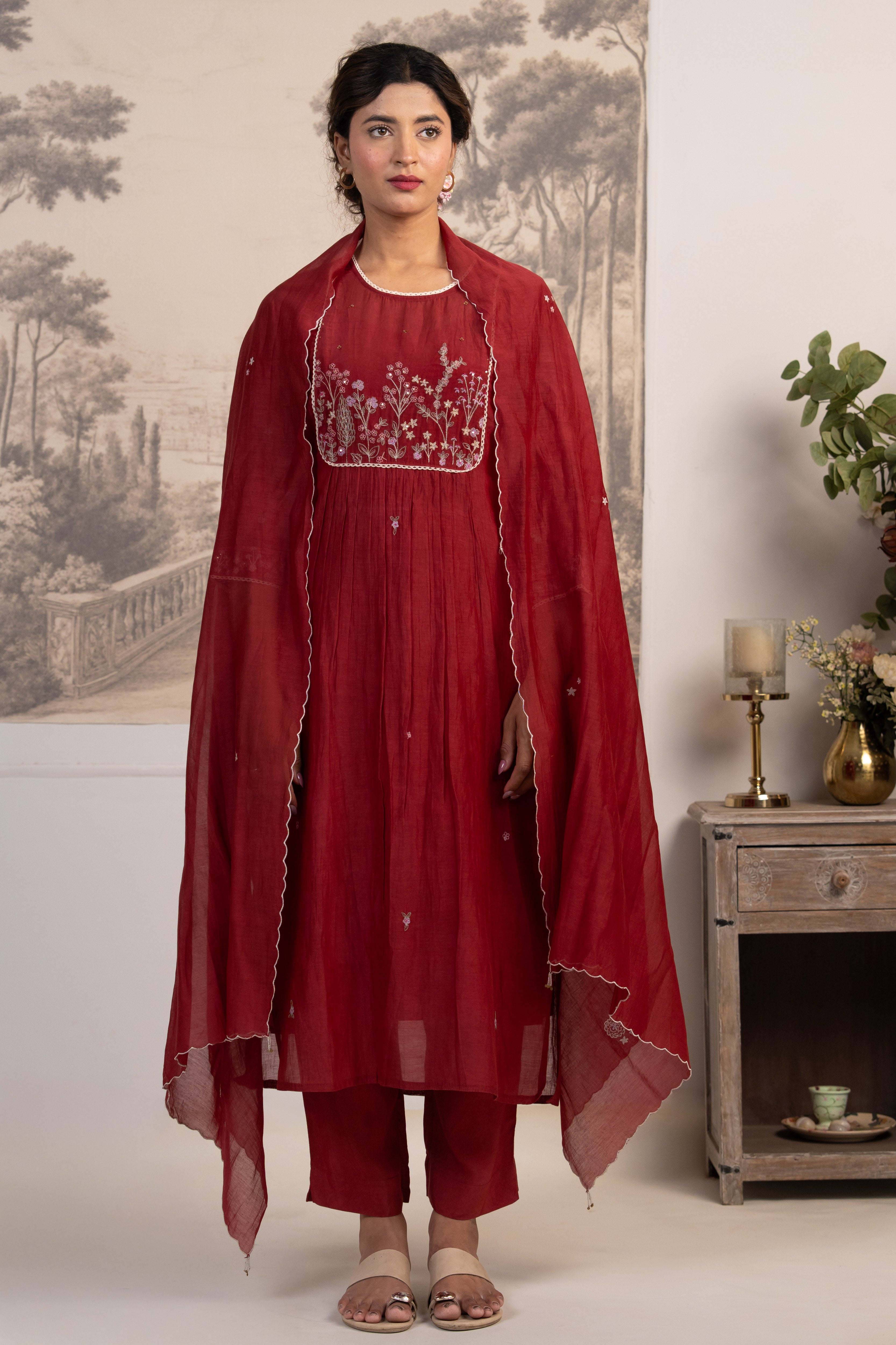 MAROON RED JUNGLE EMBROIDERED SUIT SET