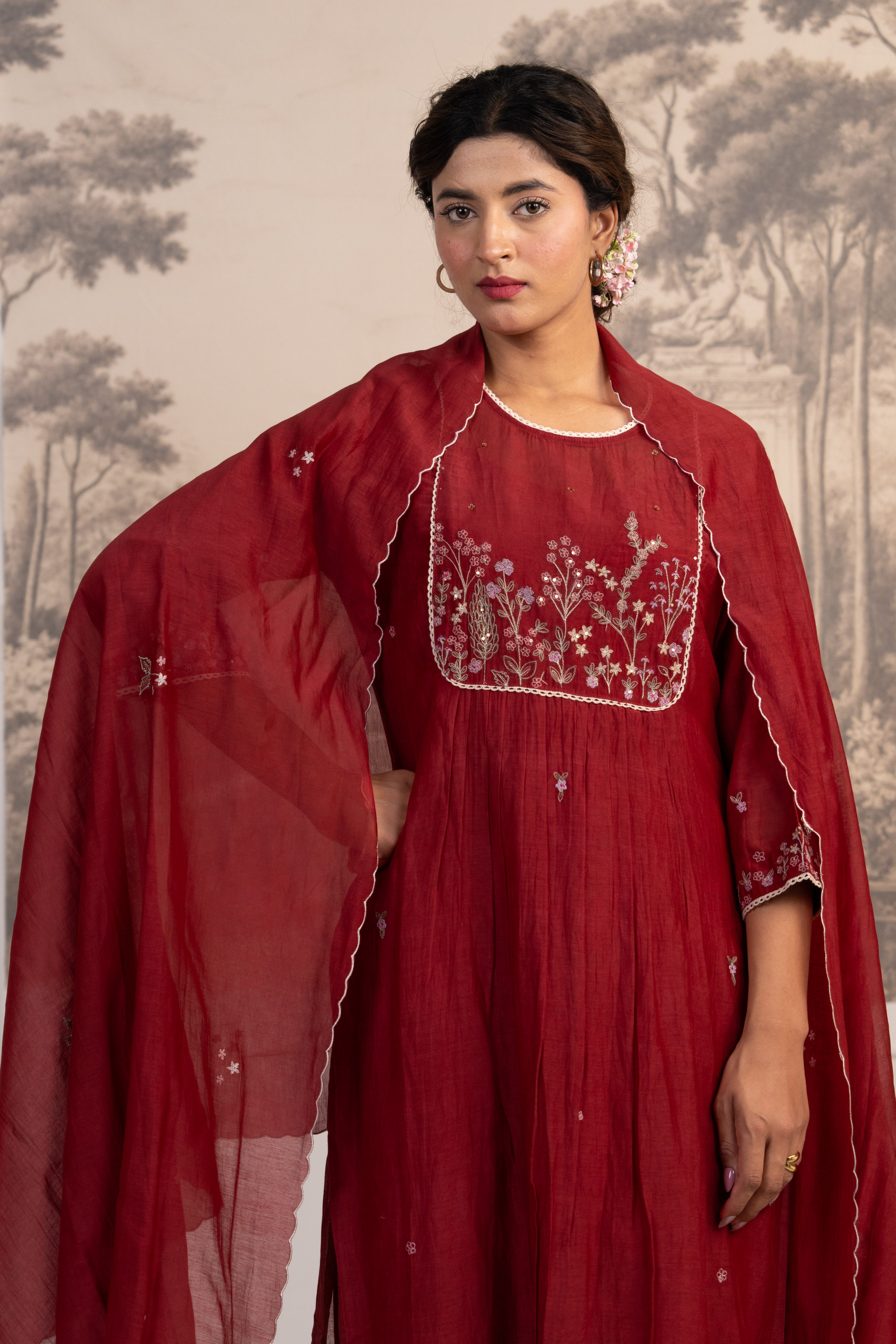 MAROON RED JUNGLE EMBROIDERED SUIT SET