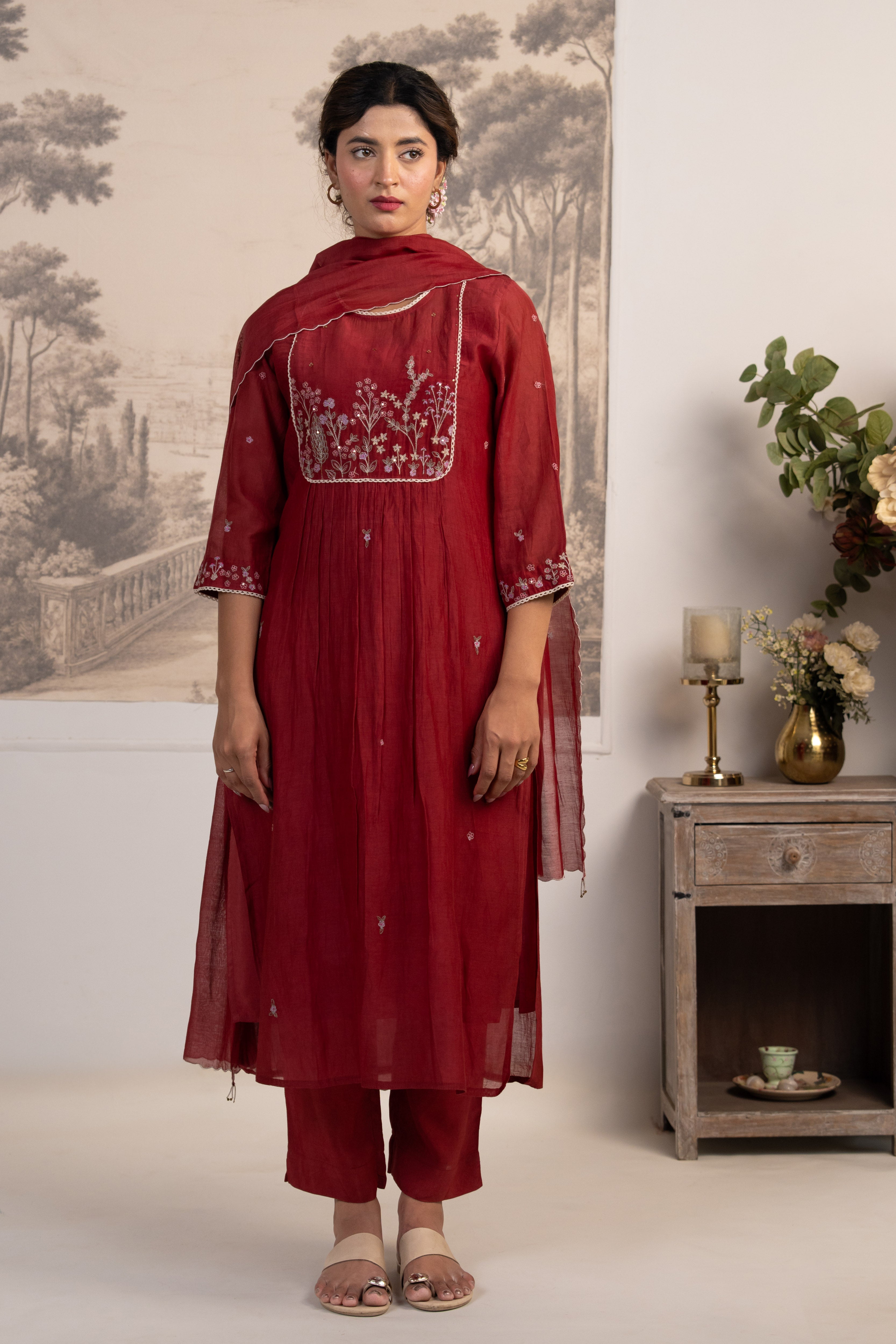 MAROON RED JUNGLE EMBROIDERED SUIT SET