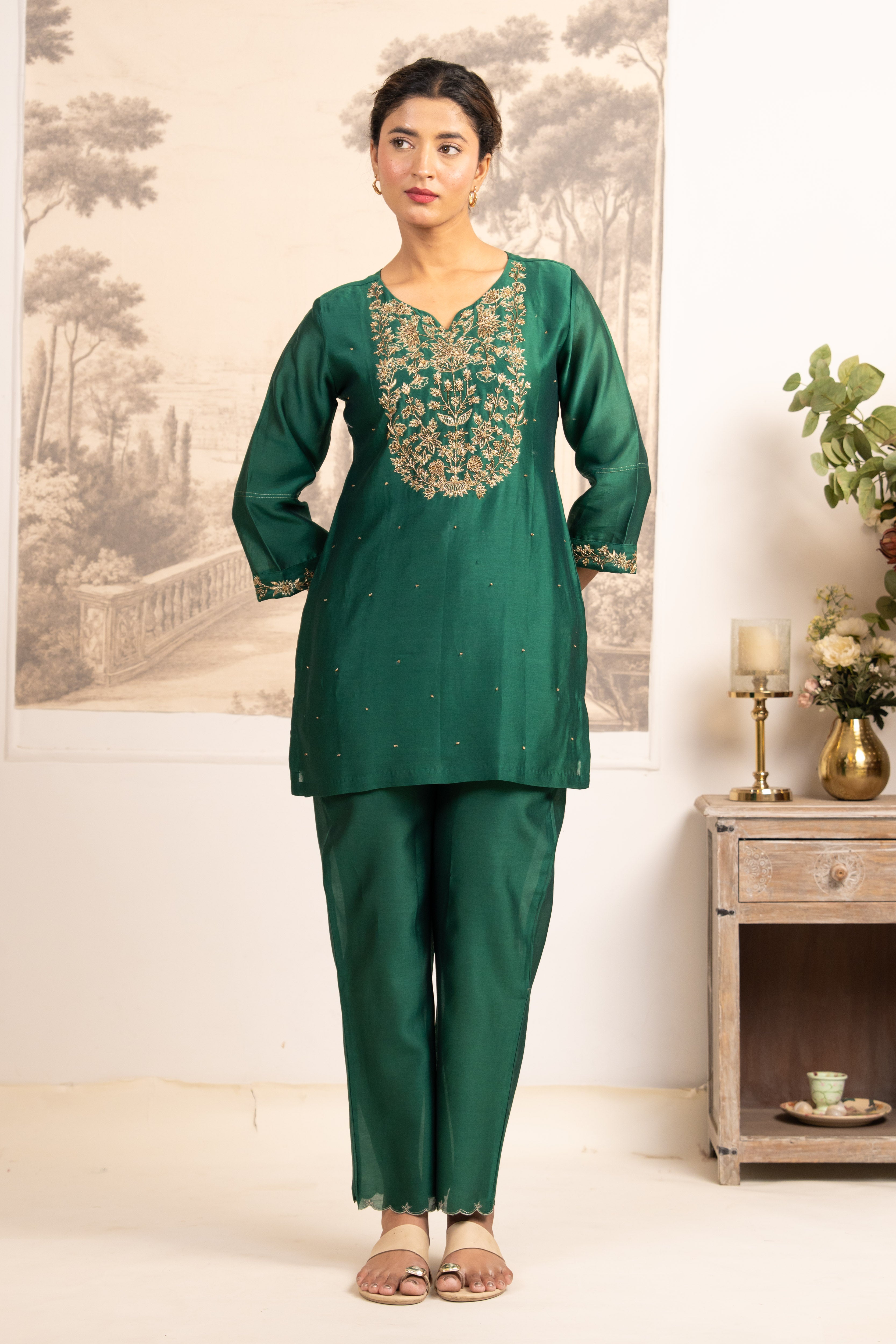 RAMA GREEN ZARDOSI YOKE TOP , PANT WITH ORGANZA DUPATTA