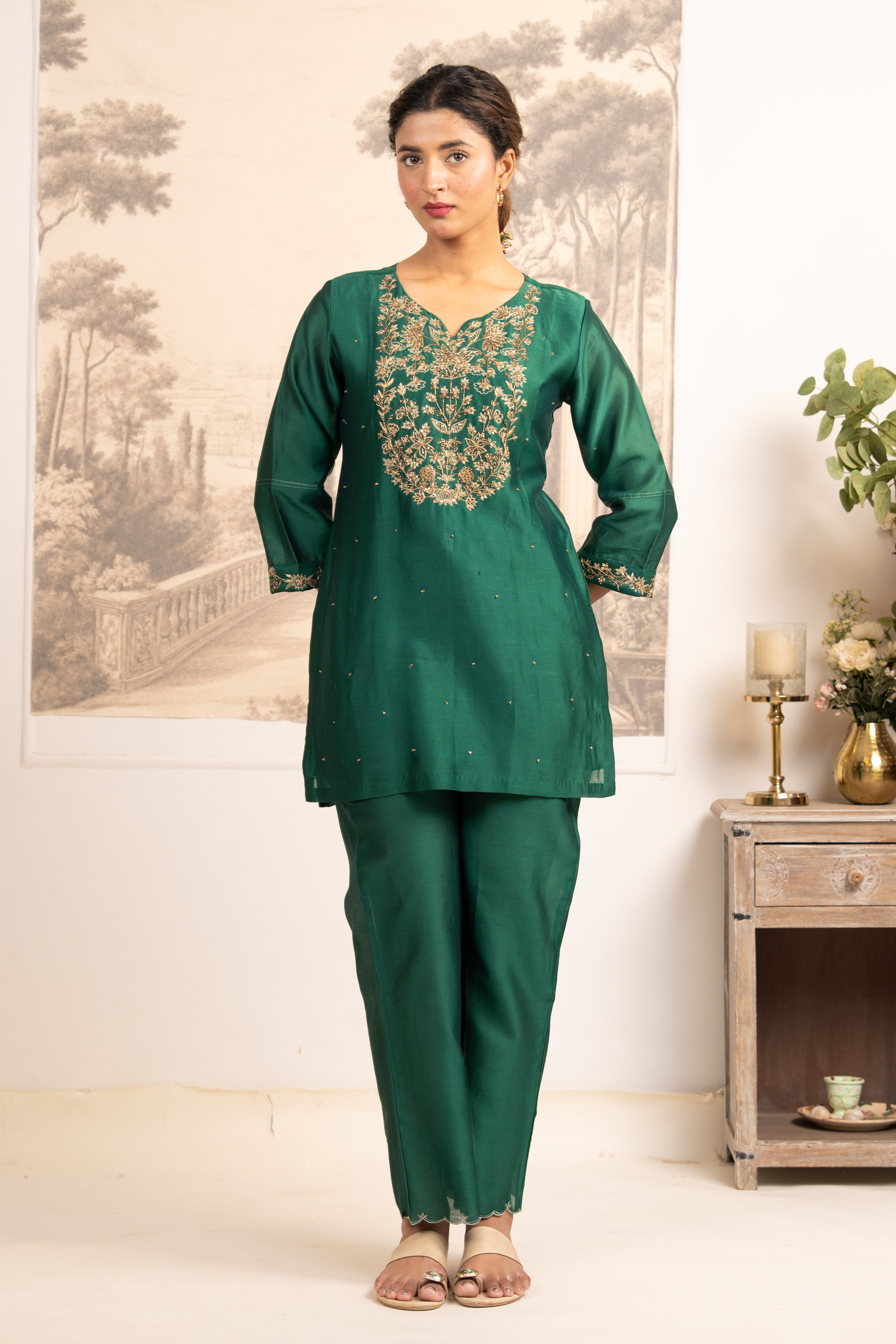 RAMA GREEN ZARDOSI YOKE TOP , PANT WITH ORGANZA DUPATTA