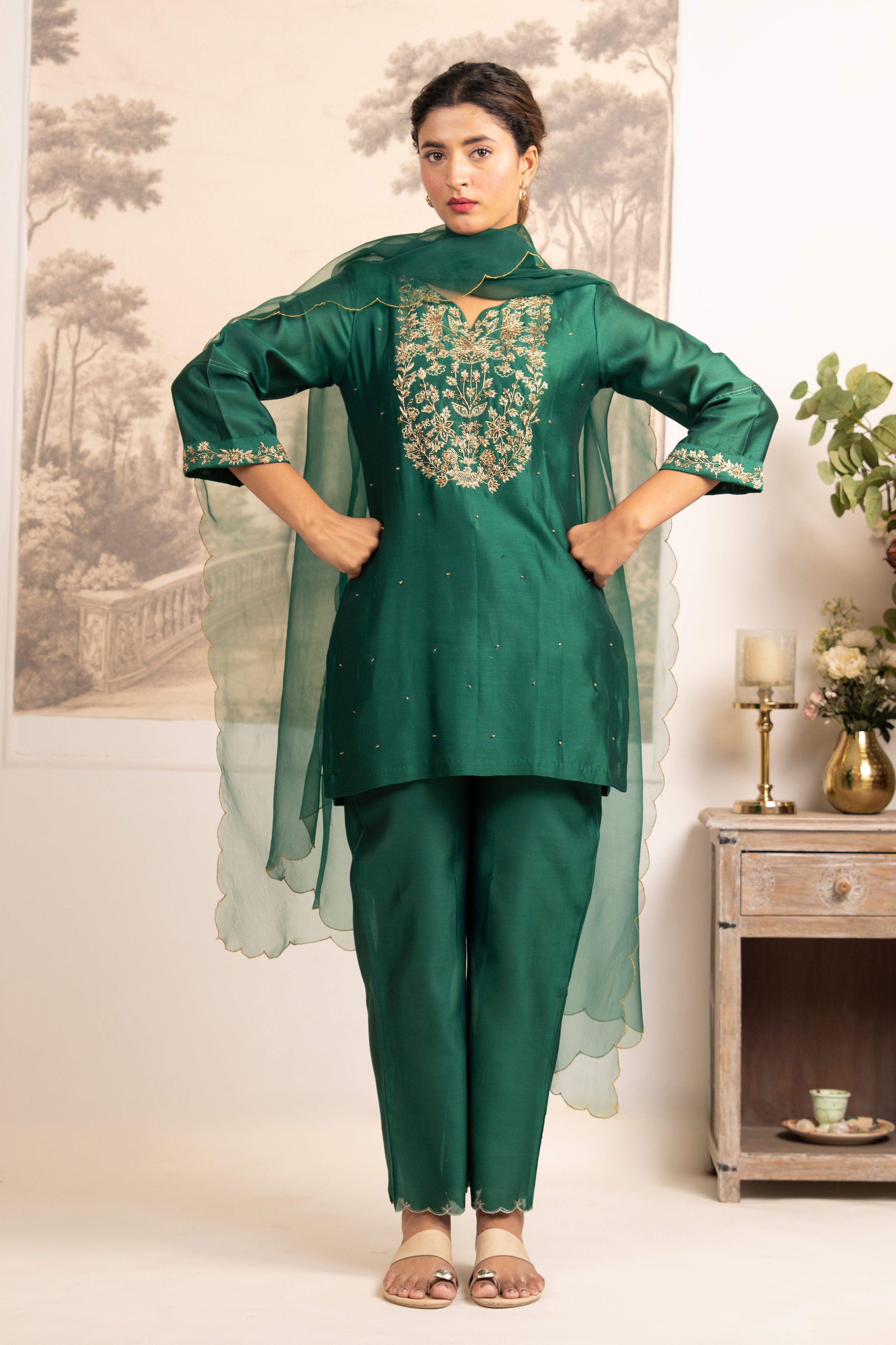 RAMA GREEN ZARDOSI YOKE TOP , PANT WITH ORGANZA DUPATTA