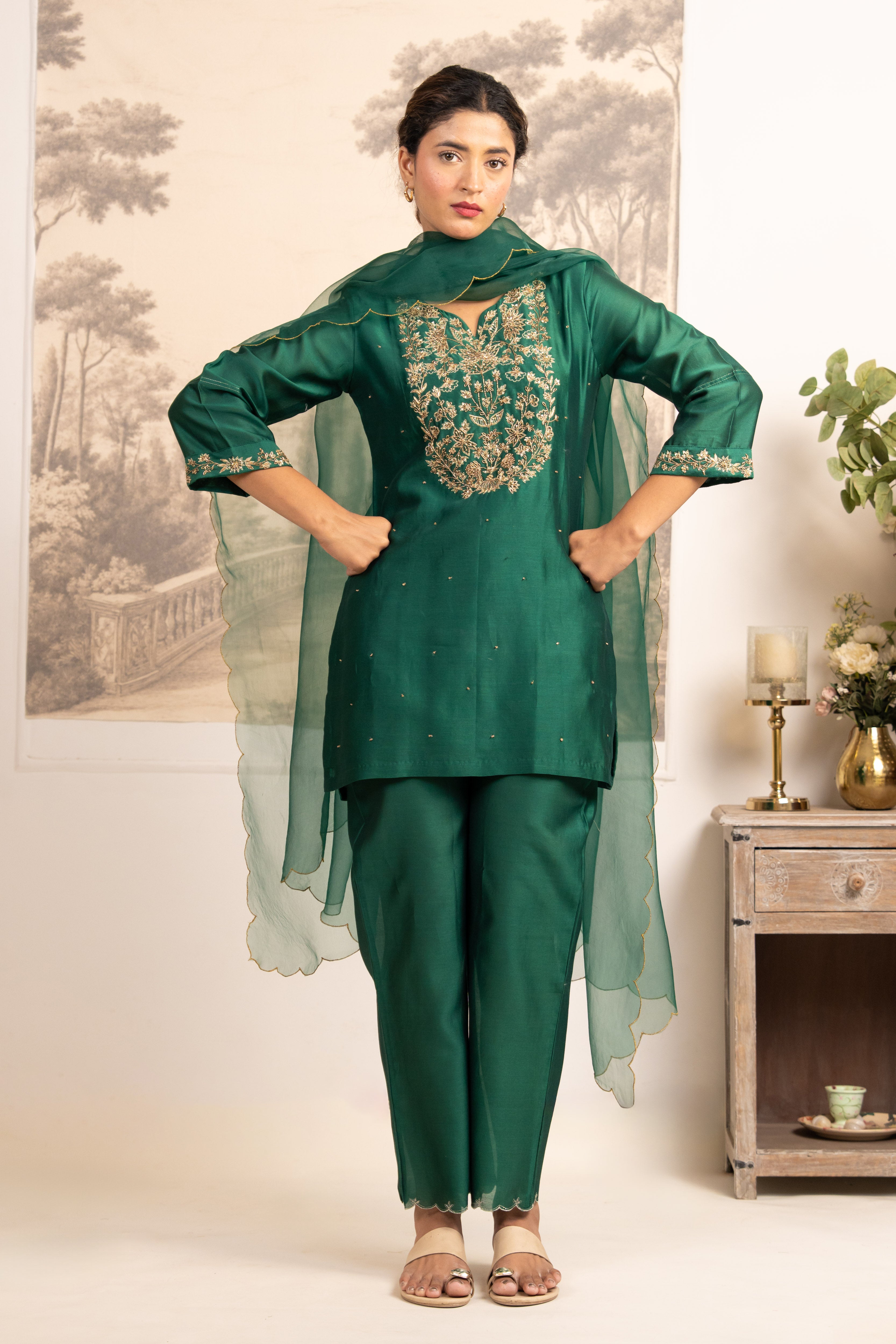 RAMA GREEN ZARDOSI YOKE TOP , PANT WITH ORGANZA DUPATTA
