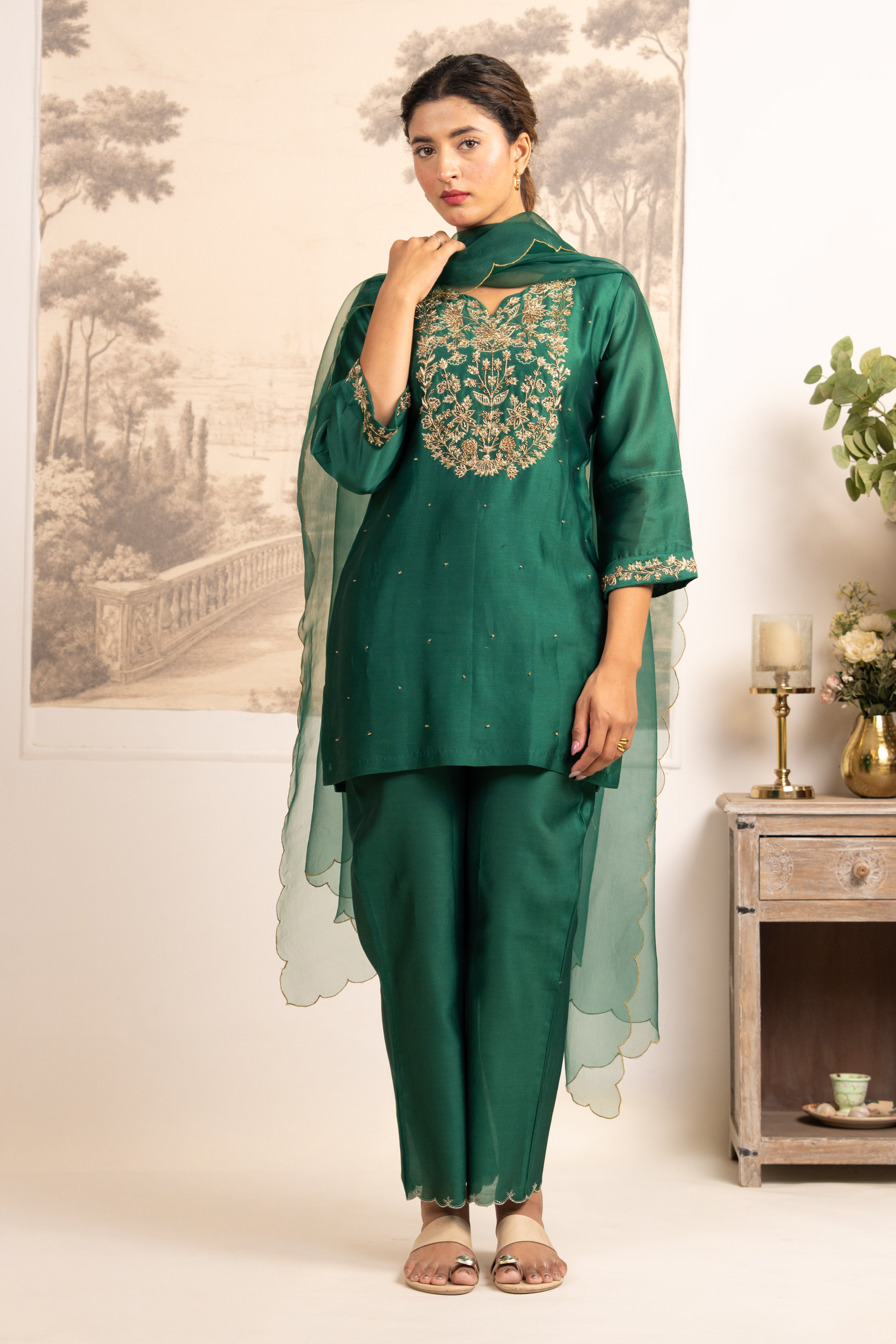 RAMA GREEN ZARDOSI YOKE TOP , PANT WITH ORGANZA DUPATTA
