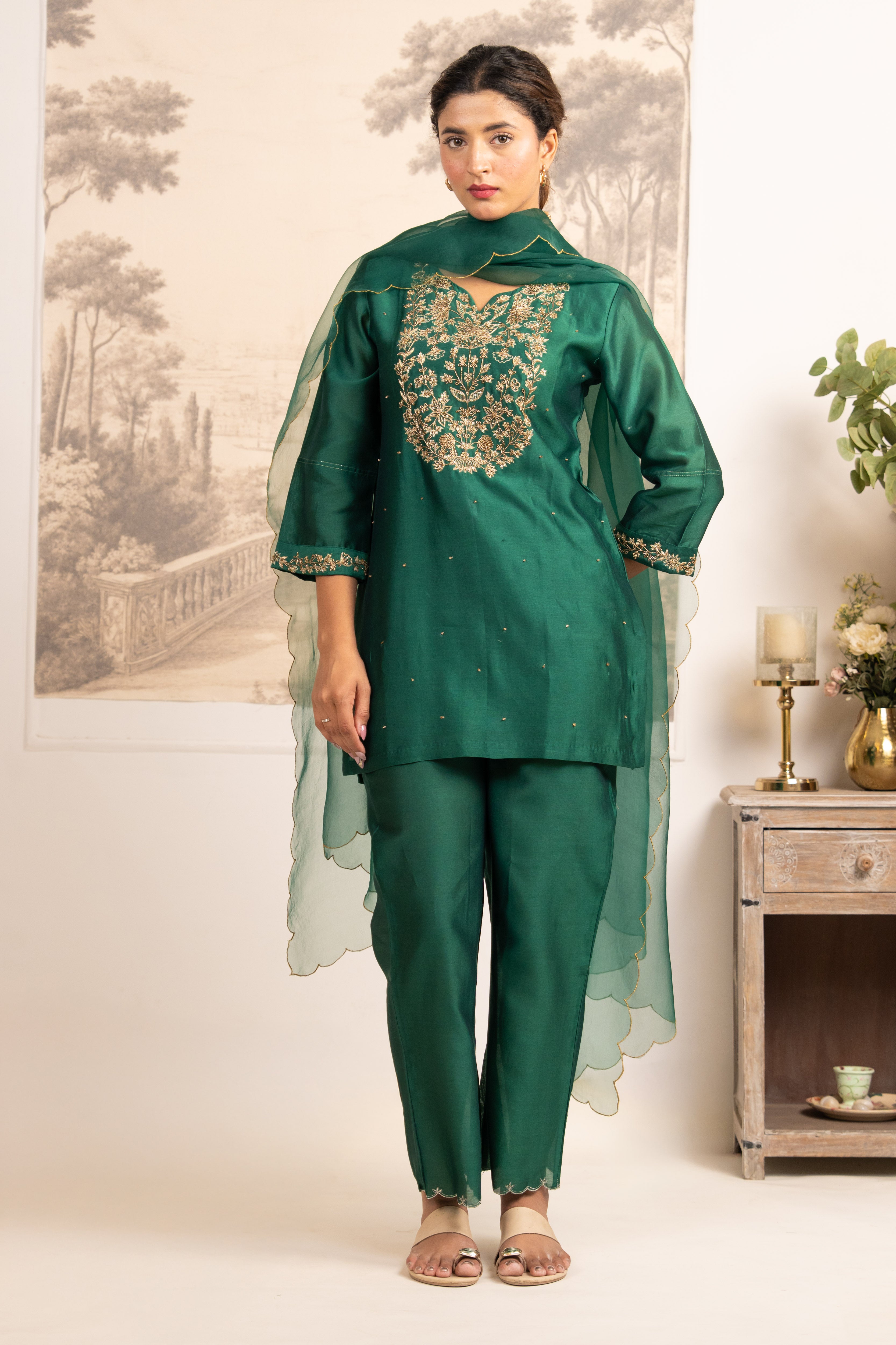 RAMA GREEN ZARDOSI YOKE TOP , PANT WITH ORGANZA DUPATTA