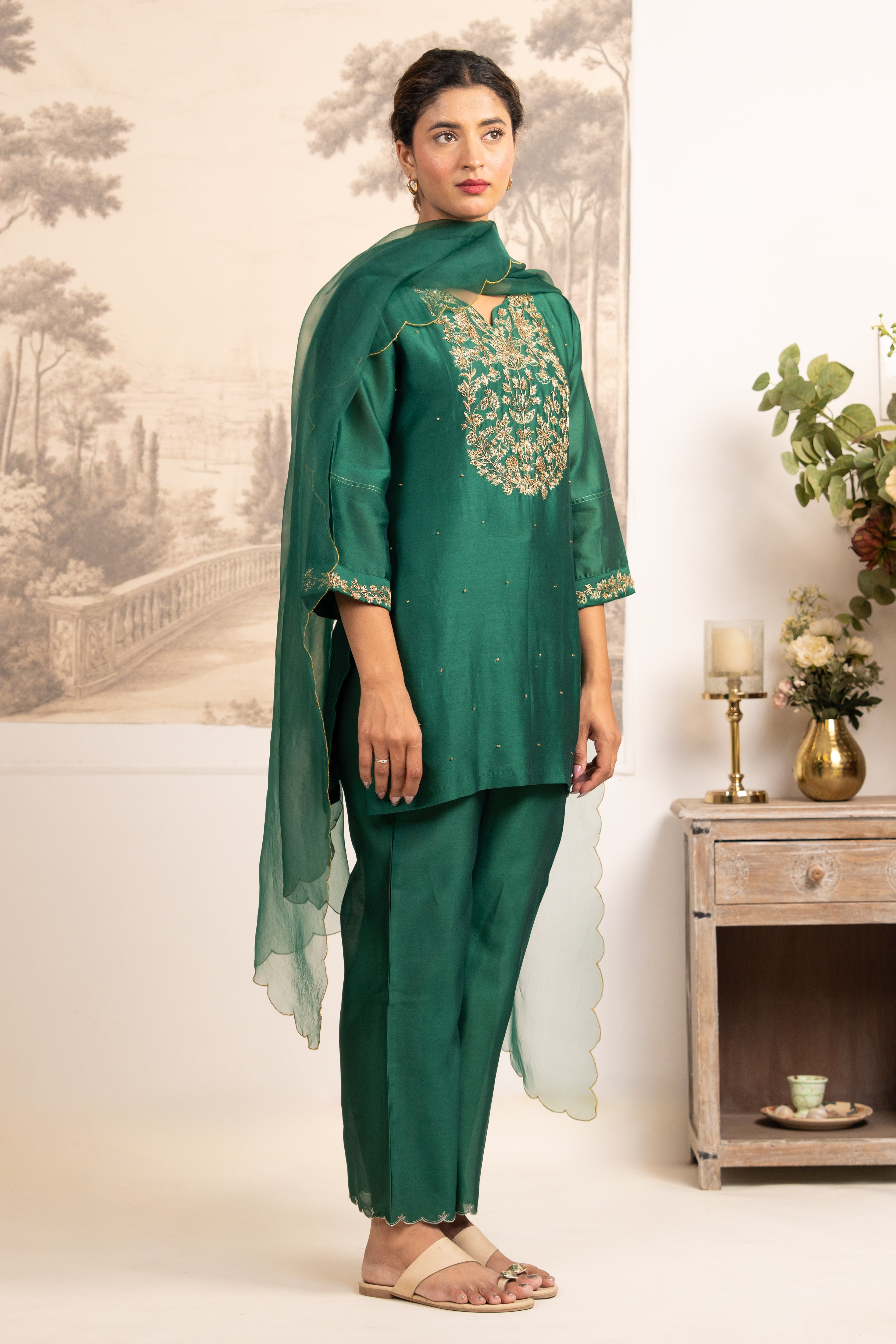 RAMA GREEN ZARDOSI YOKE TOP , PANT WITH ORGANZA DUPATTA