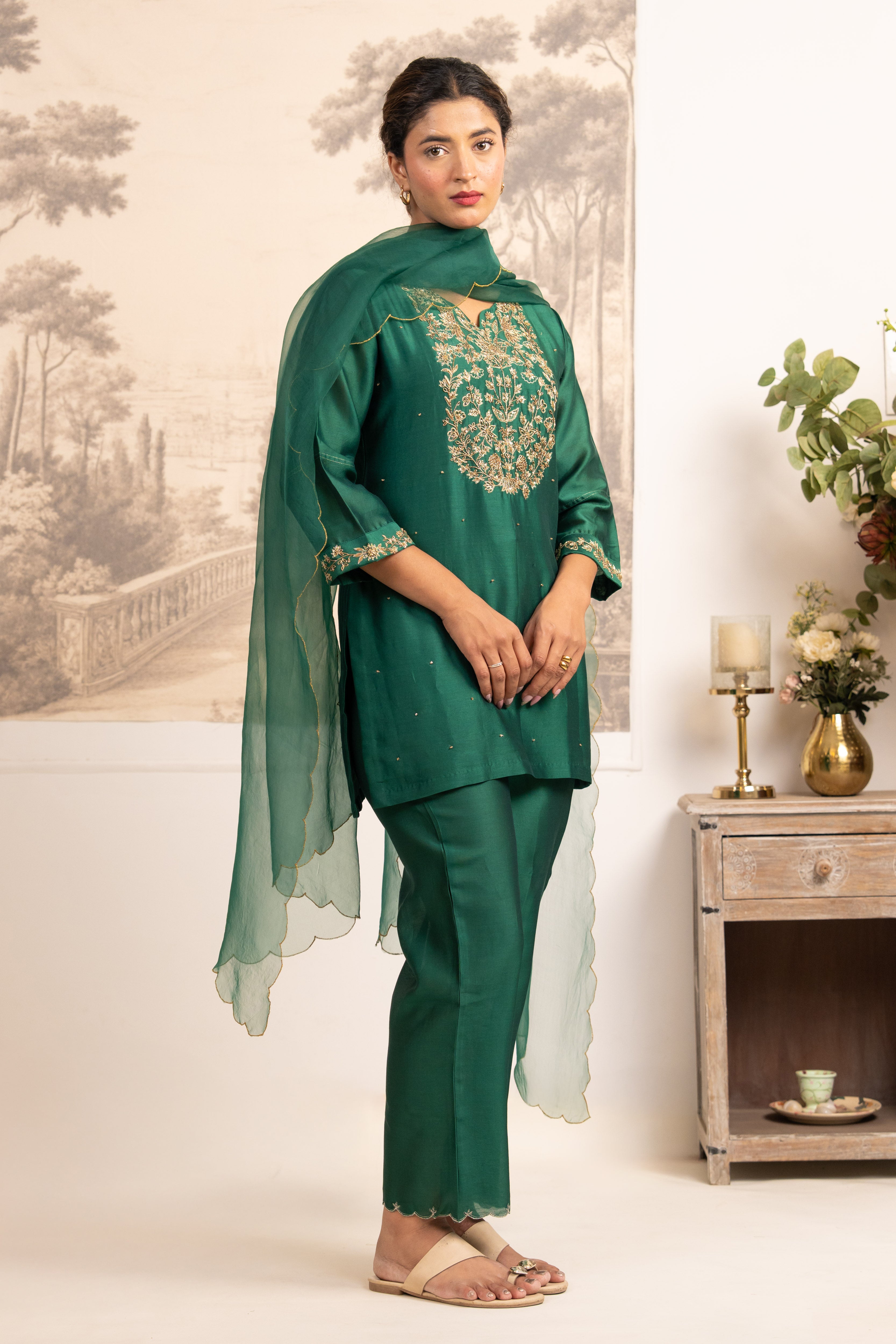 RAMA GREEN ZARDOSI YOKE TOP , PANT WITH ORGANZA DUPATTA