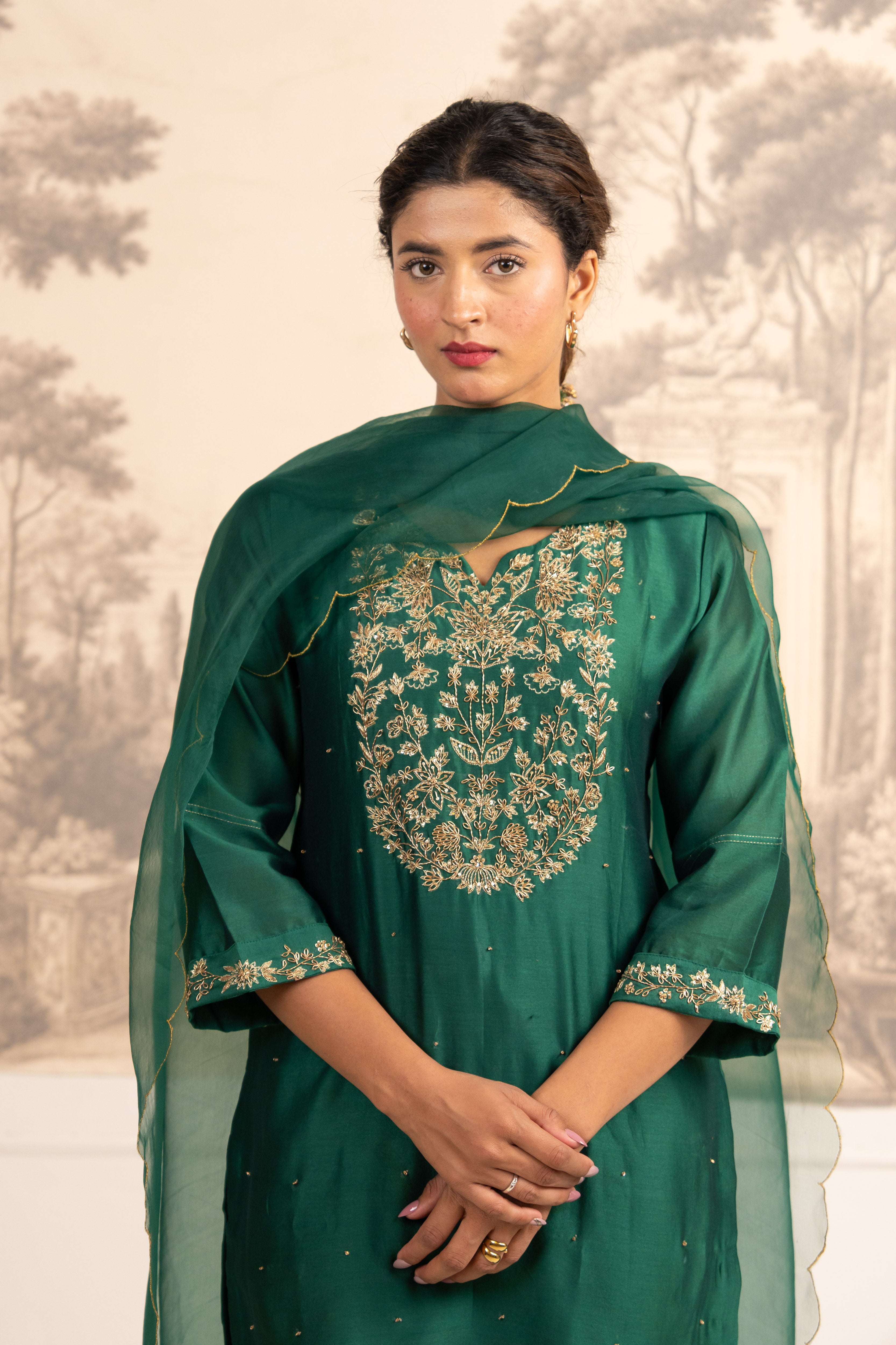 RAMA GREEN ZARDOSI YOKE TOP , PANT WITH ORGANZA DUPATTA