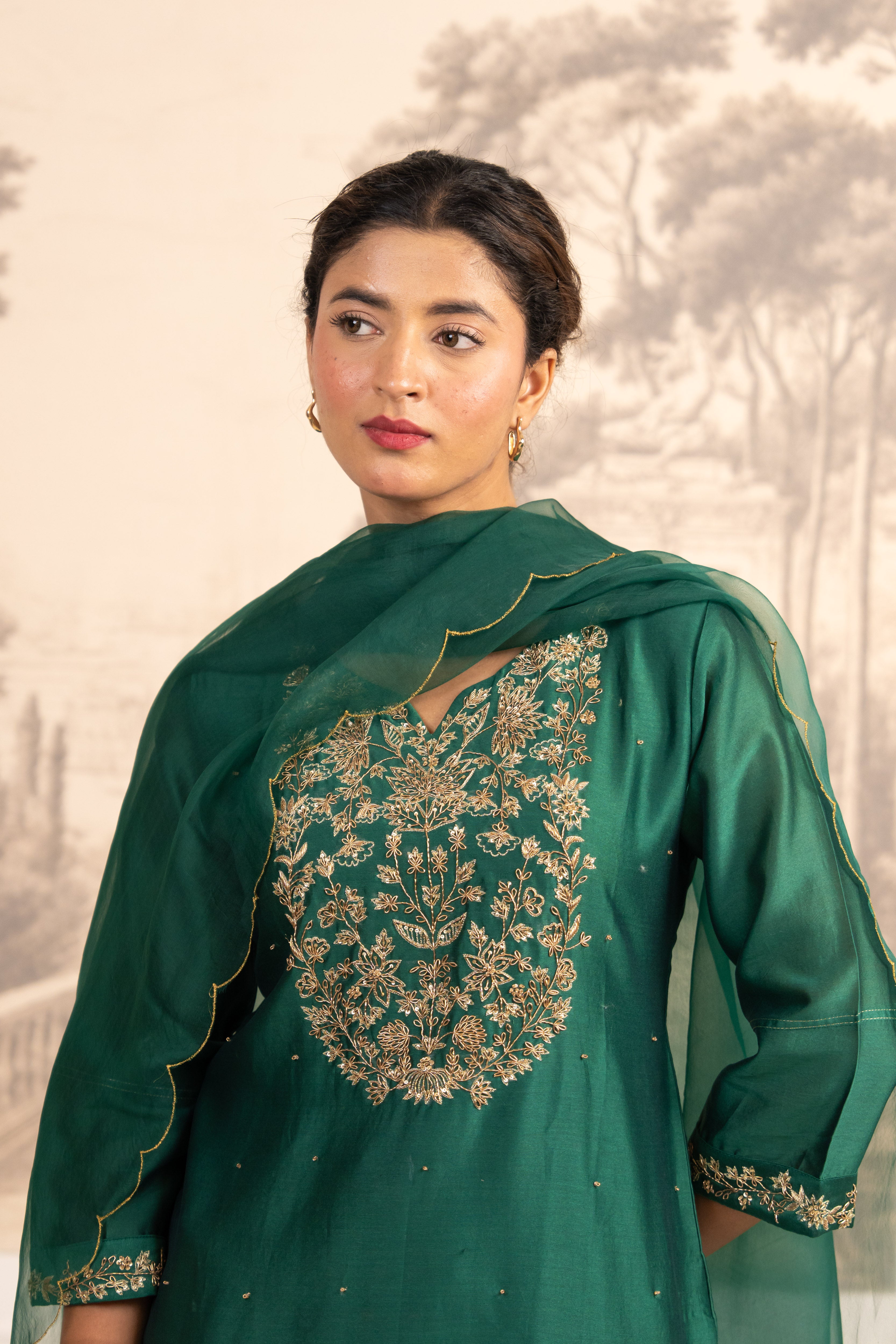 RAMA GREEN ZARDOSI YOKE TOP , PANT WITH ORGANZA DUPATTA