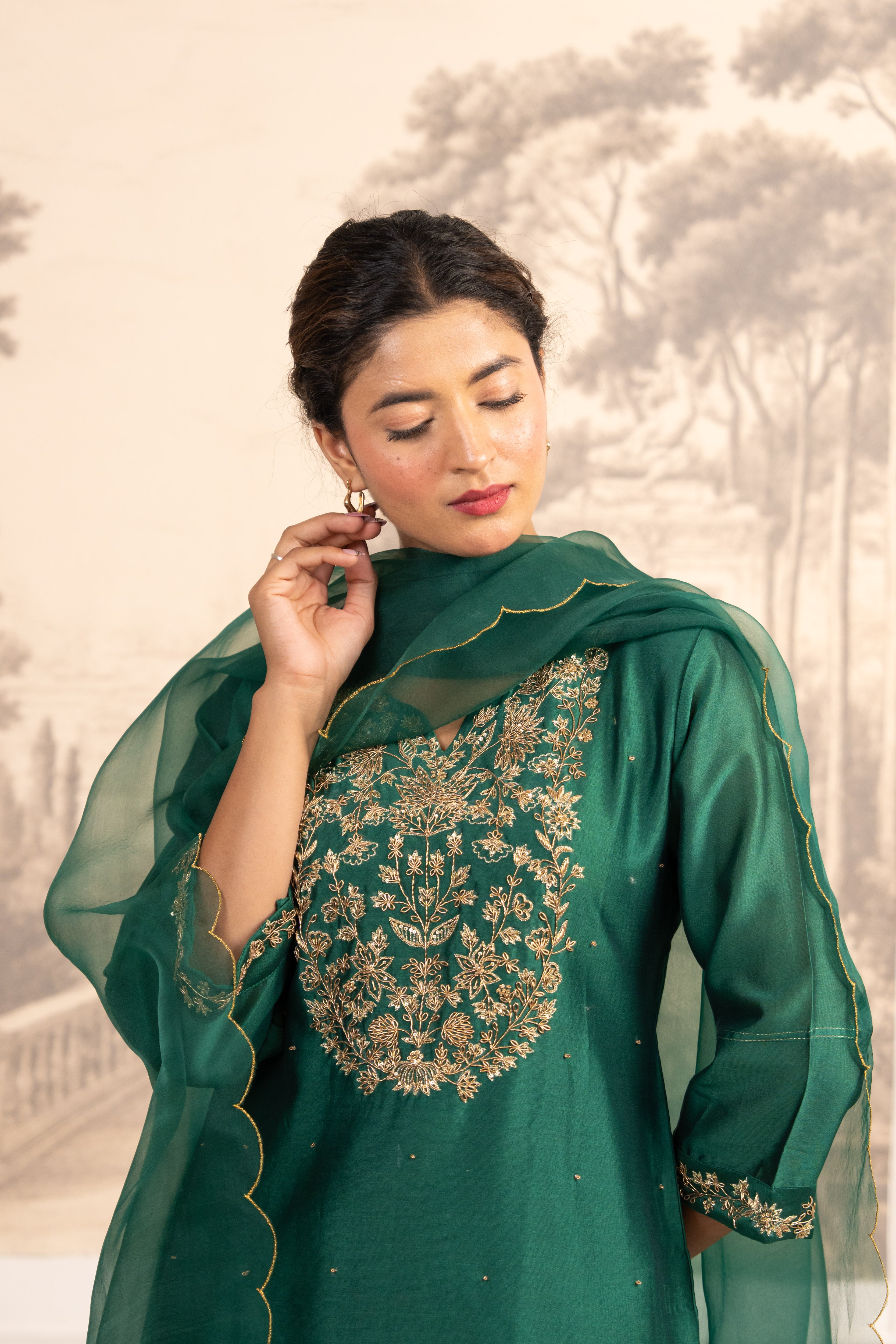RAMA GREEN ZARDOSI YOKE TOP , PANT WITH ORGANZA DUPATTA