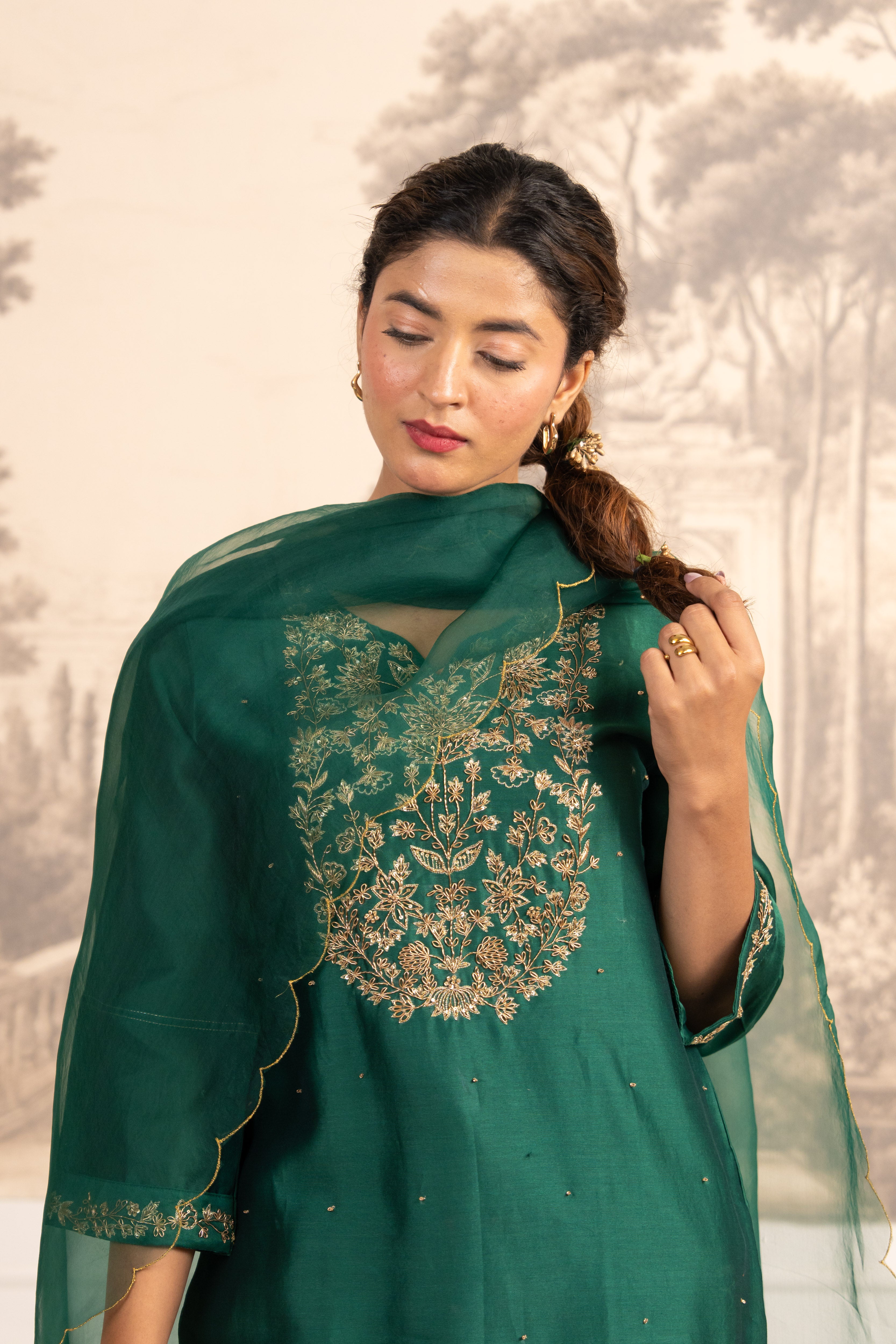 RAMA GREEN ZARDOSI YOKE TOP , PANT WITH ORGANZA DUPATTA
