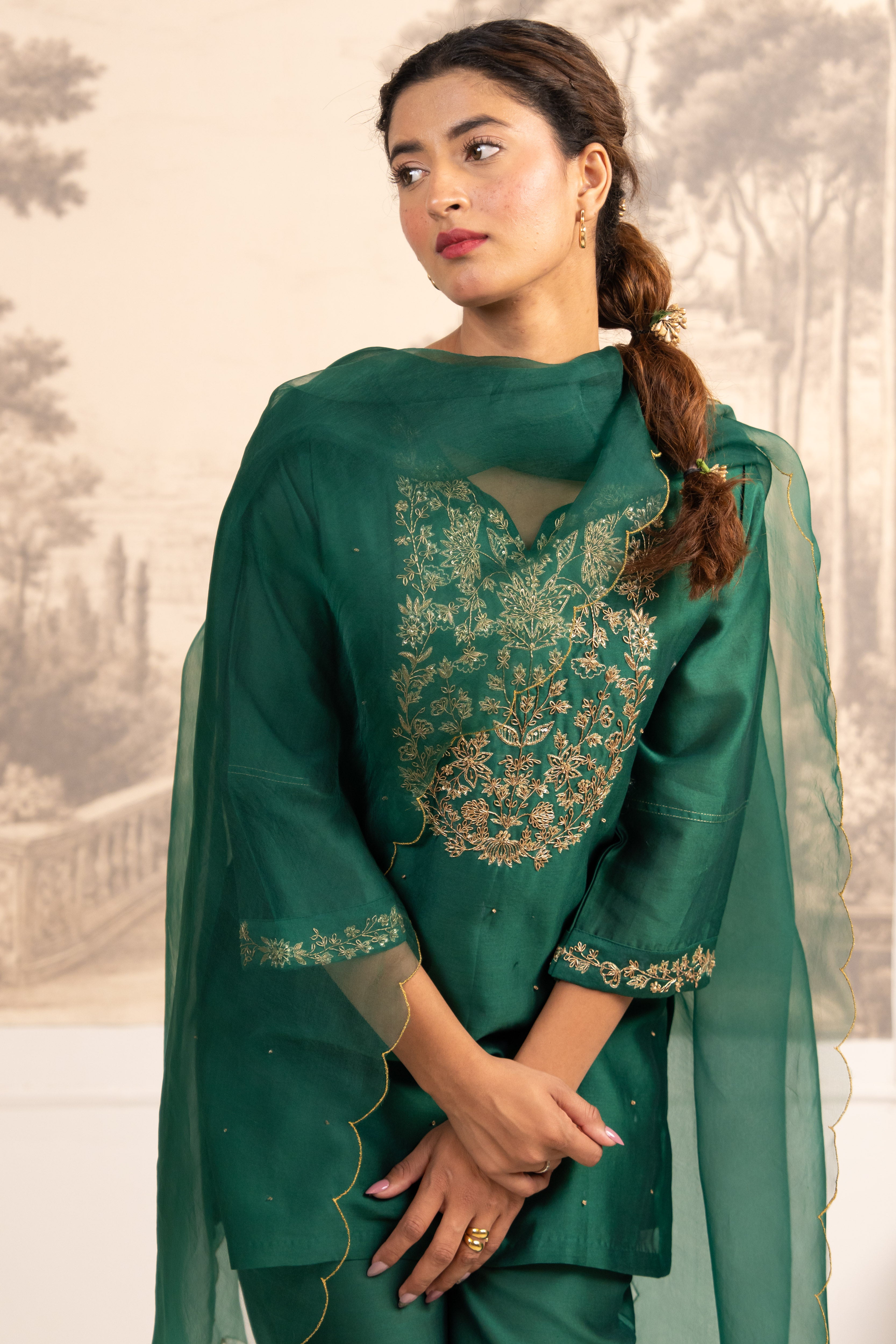 RAMA GREEN ZARDOSI YOKE TOP , PANT WITH ORGANZA DUPATTA