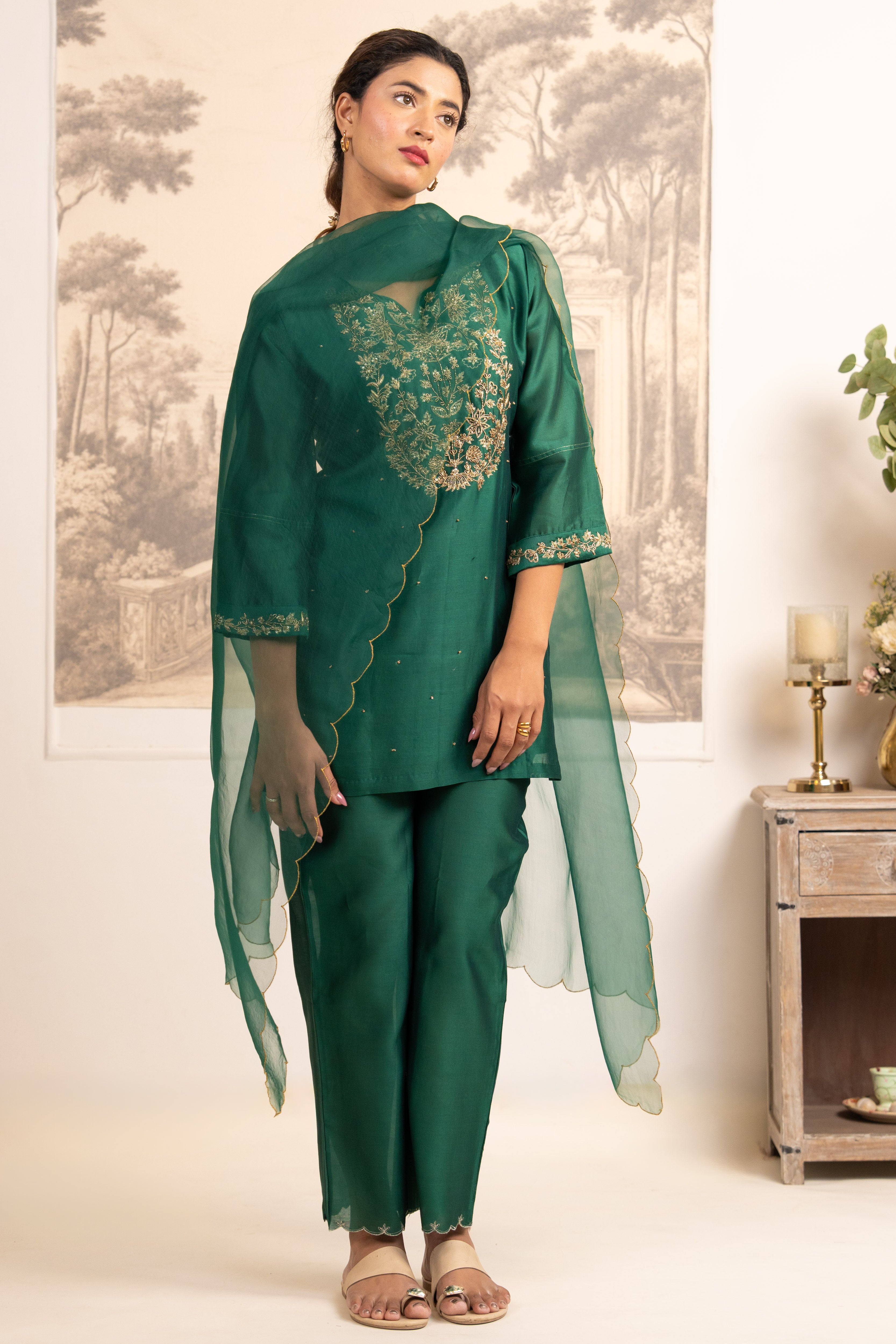 RAMA GREEN ZARDOSI YOKE TOP , PANT WITH ORGANZA DUPATTA