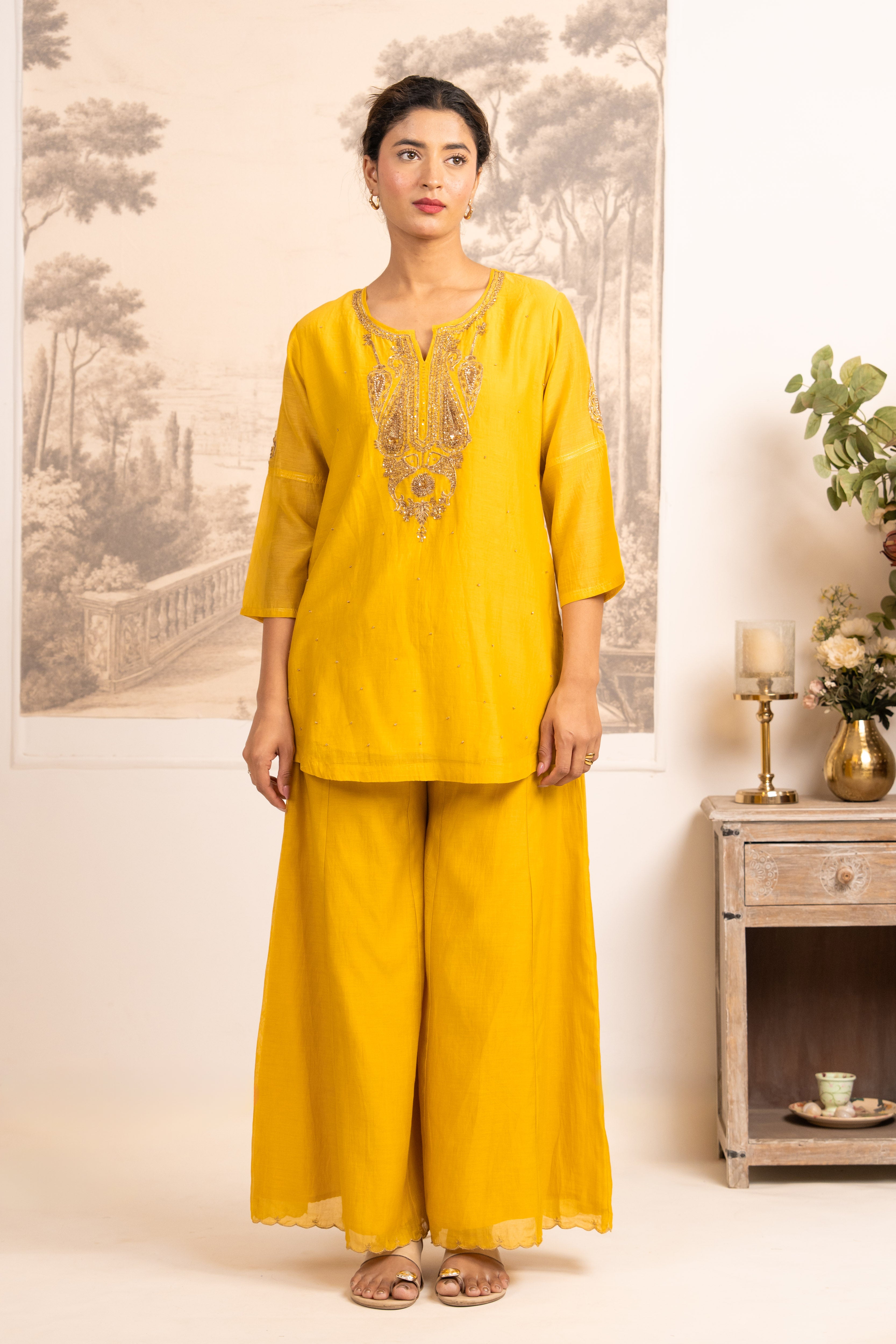 MUSTARD YELLOW MINA TOP SET WITH DUPATTA