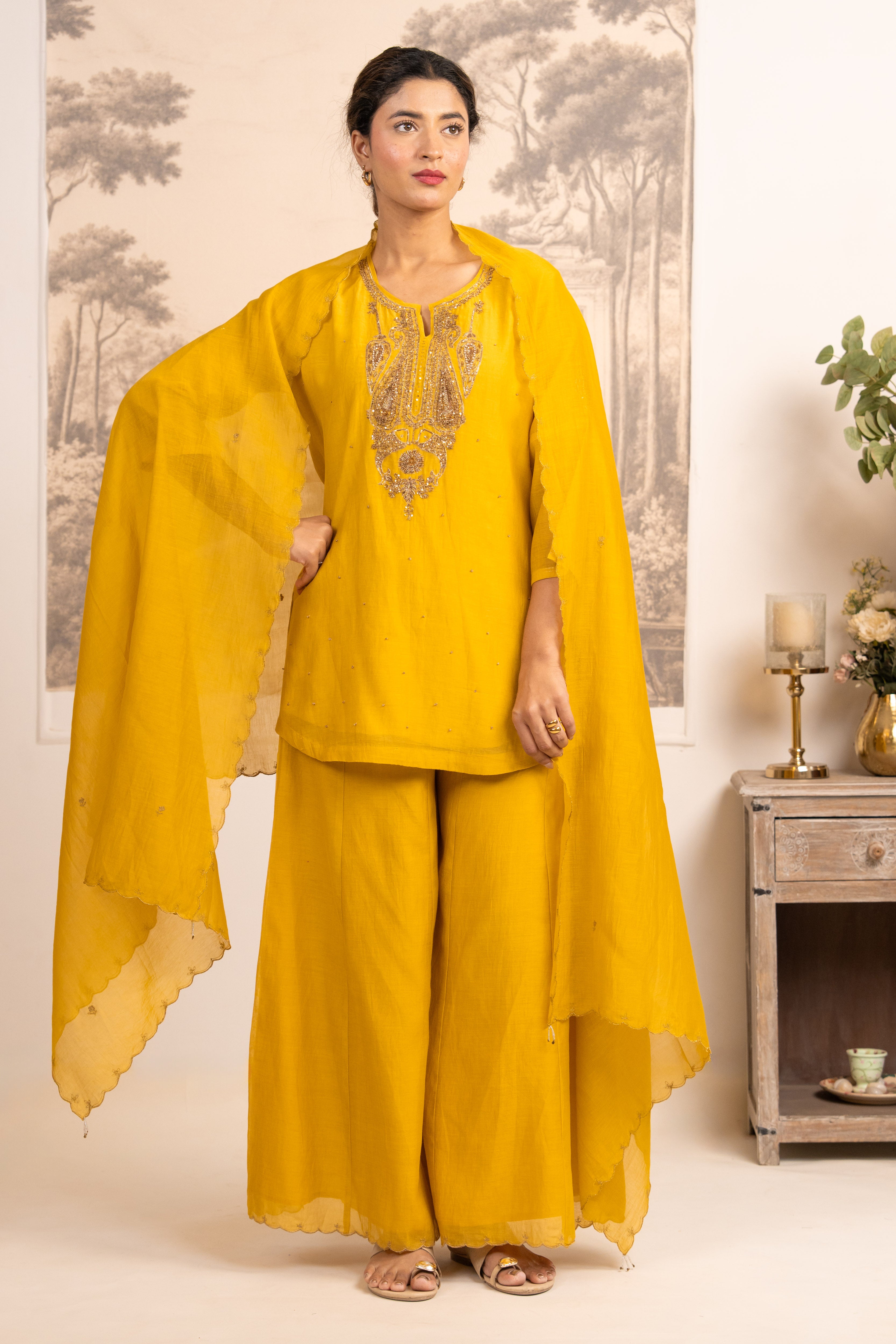 MUSTARD YELLOW MINA TOP SET WITH DUPATTA