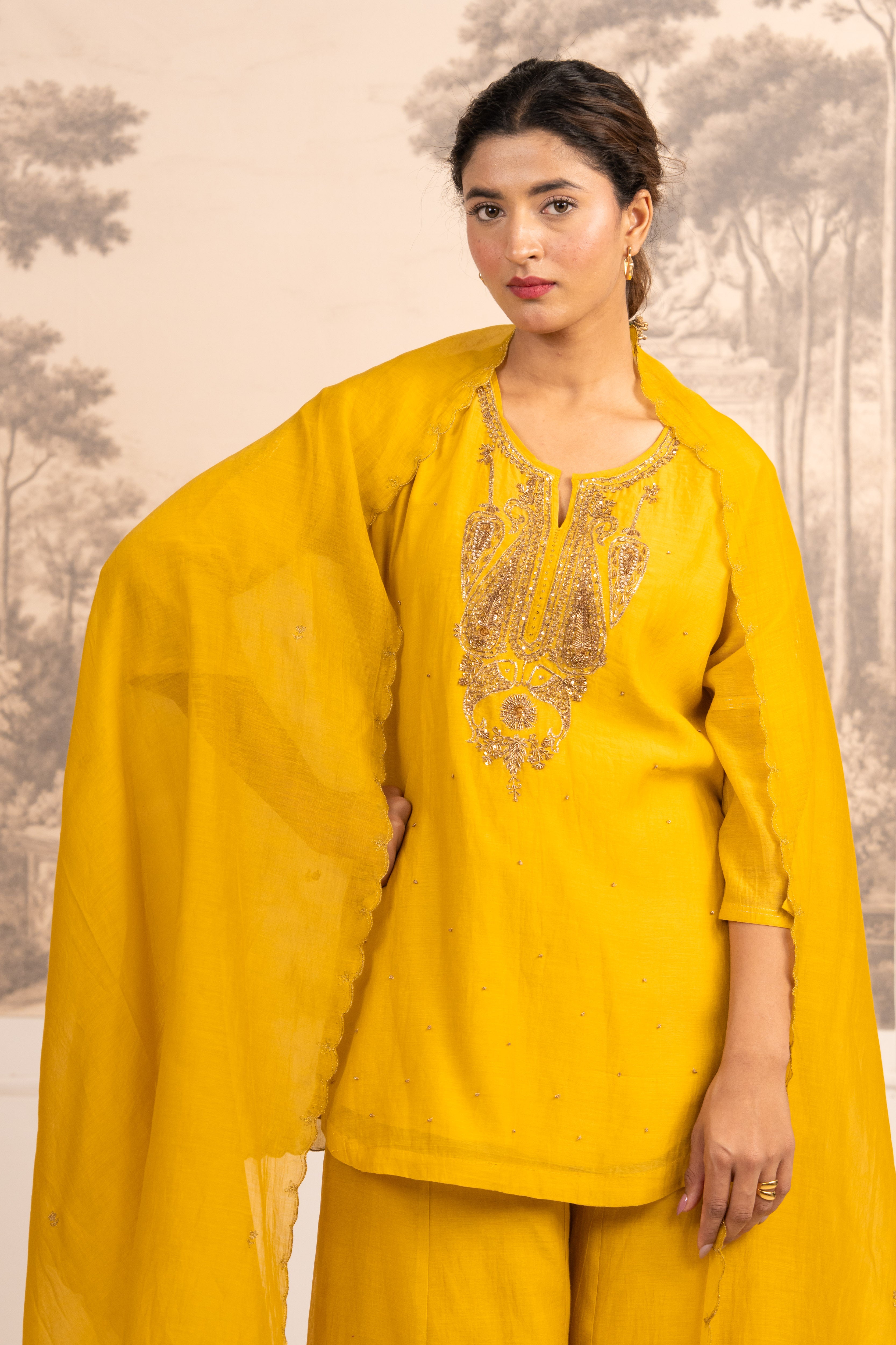 MUSTARD YELLOW MINA TOP SET WITH DUPATTA