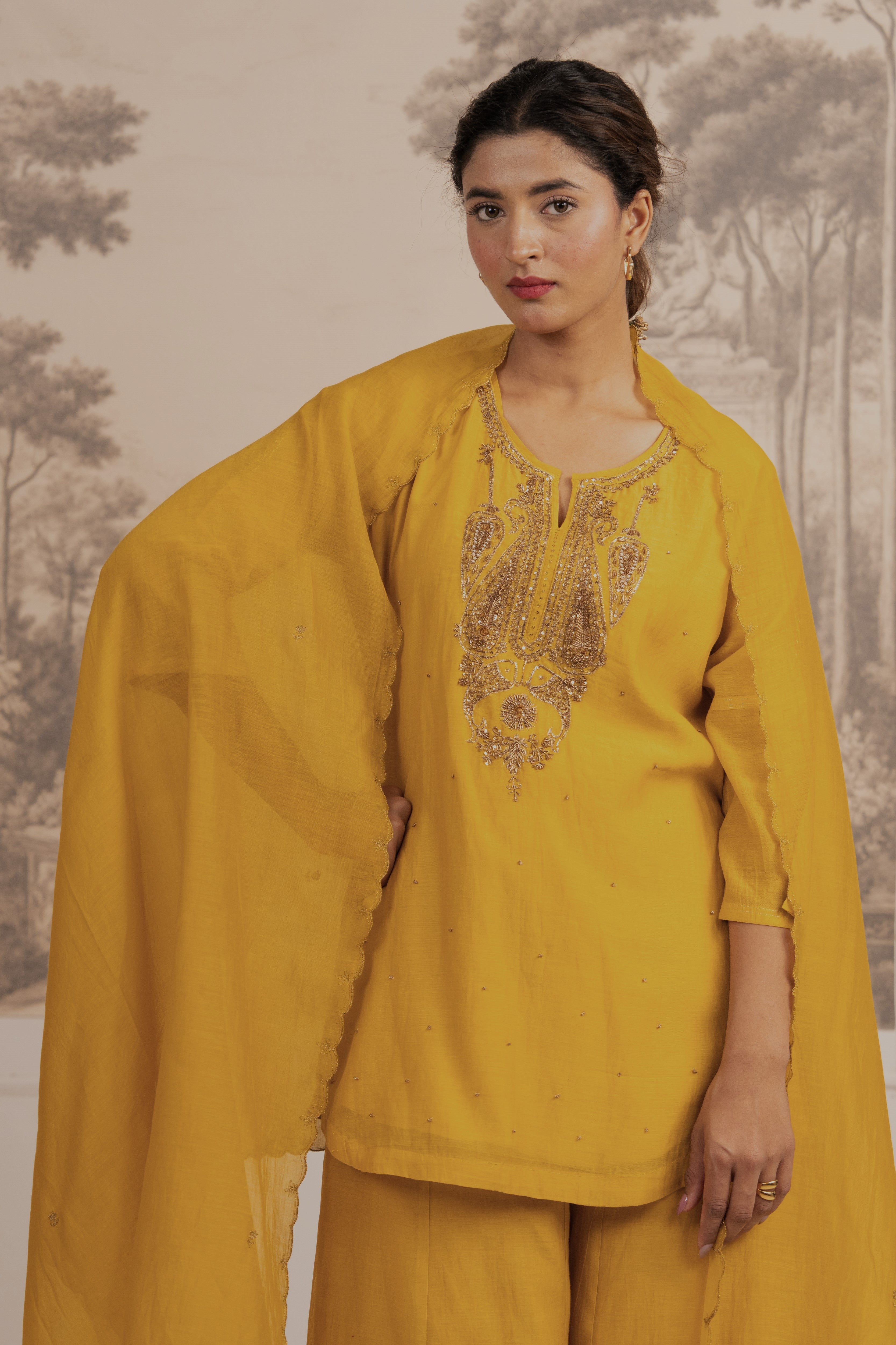 MUSTARD YELLOW MEENA TOP SET WITH DUPATTA