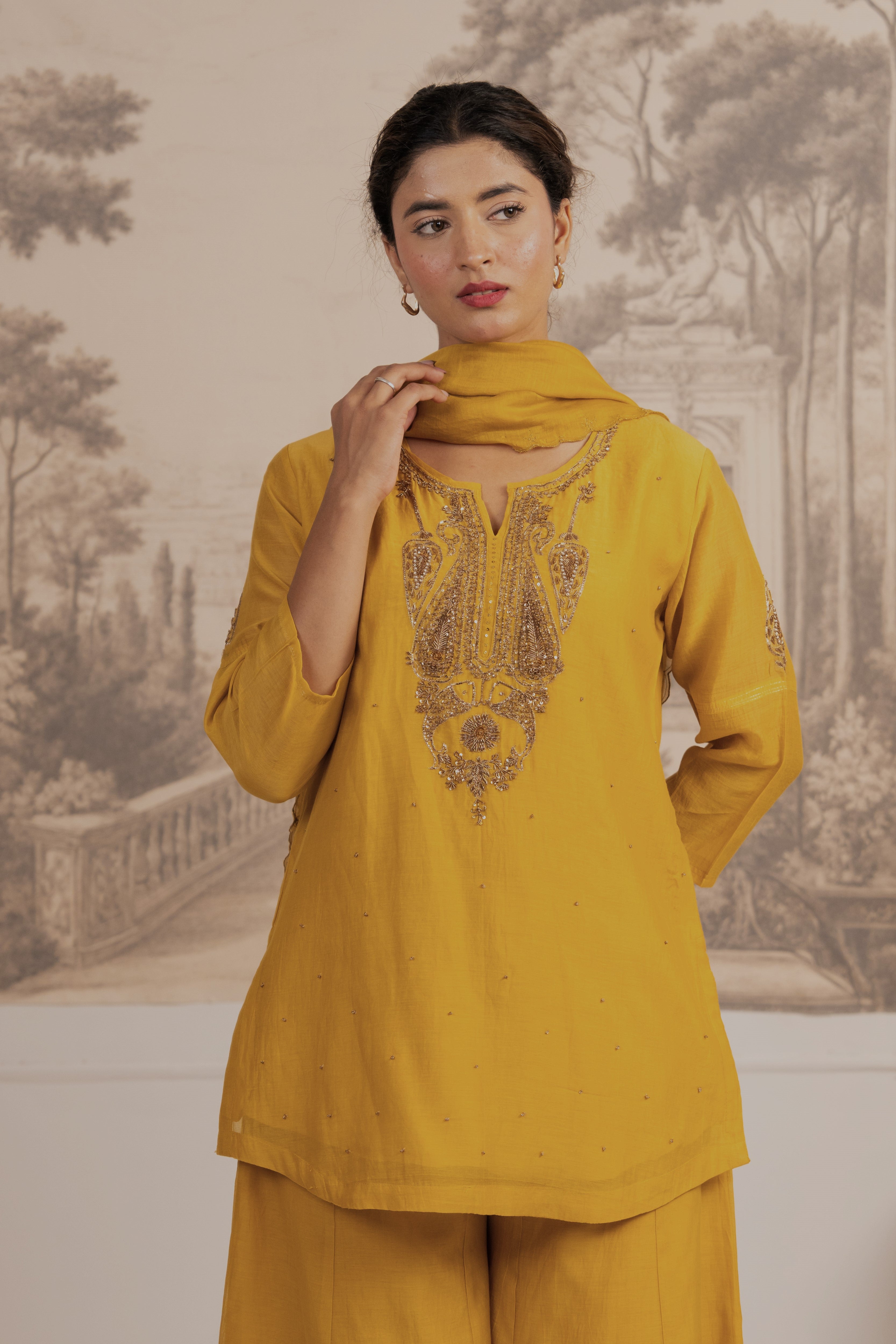 MUSTARD YELLOW MEENA TOP SET WITH DUPATTA