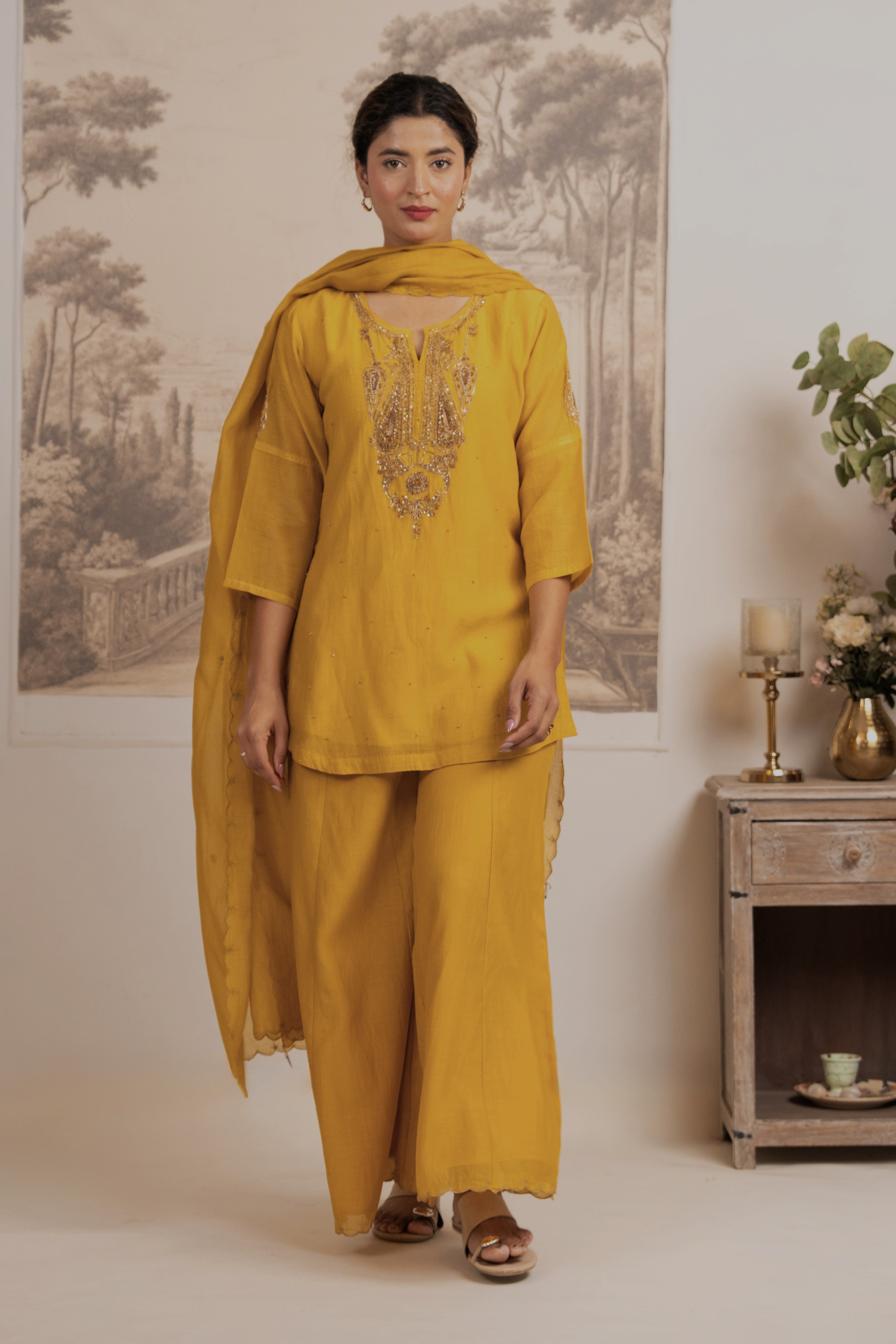 MUSTARD YELLOW MEENA TOP SET WITH DUPATTA