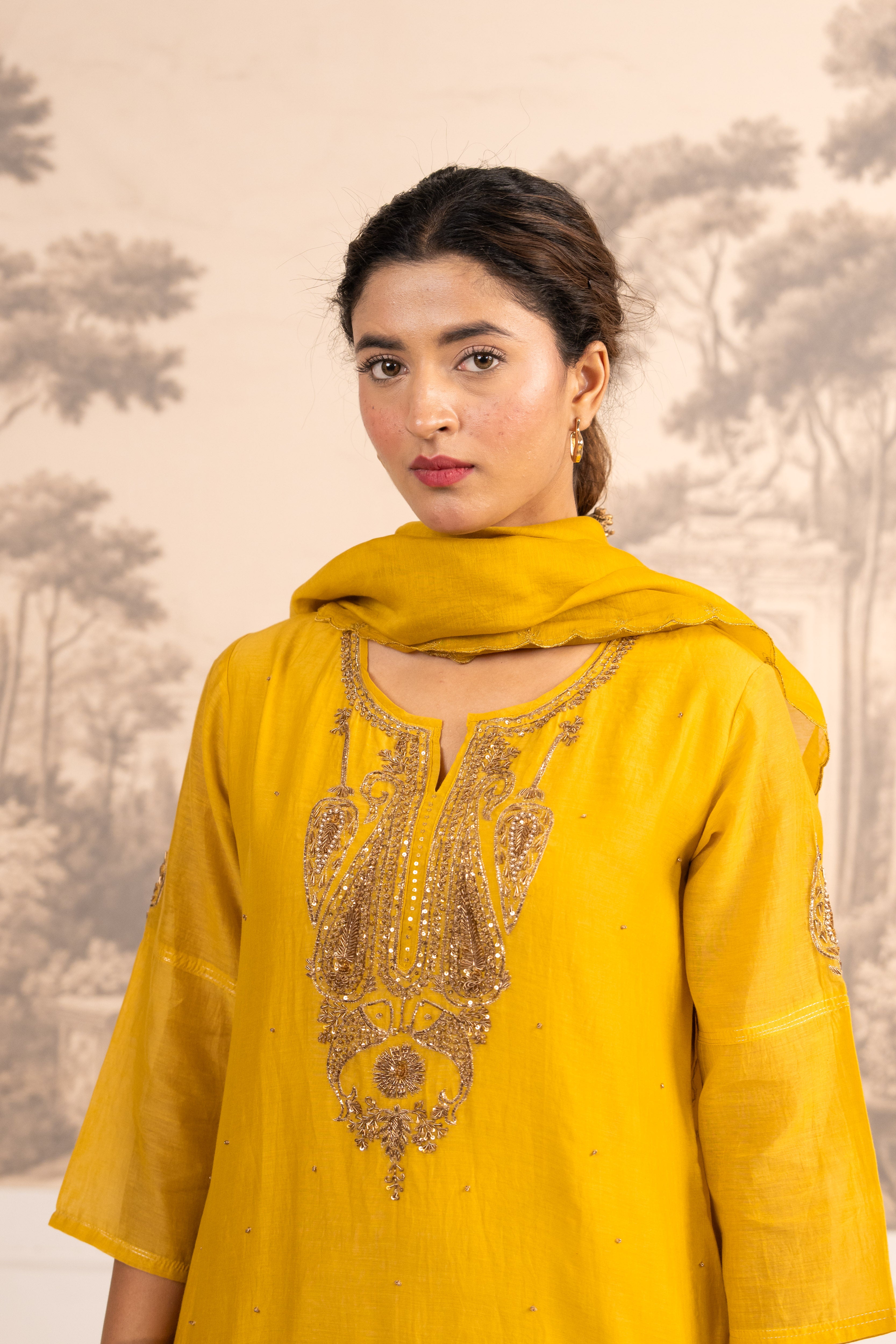 MUSTARD YELLOW MINA TOP SET WITH DUPATTA