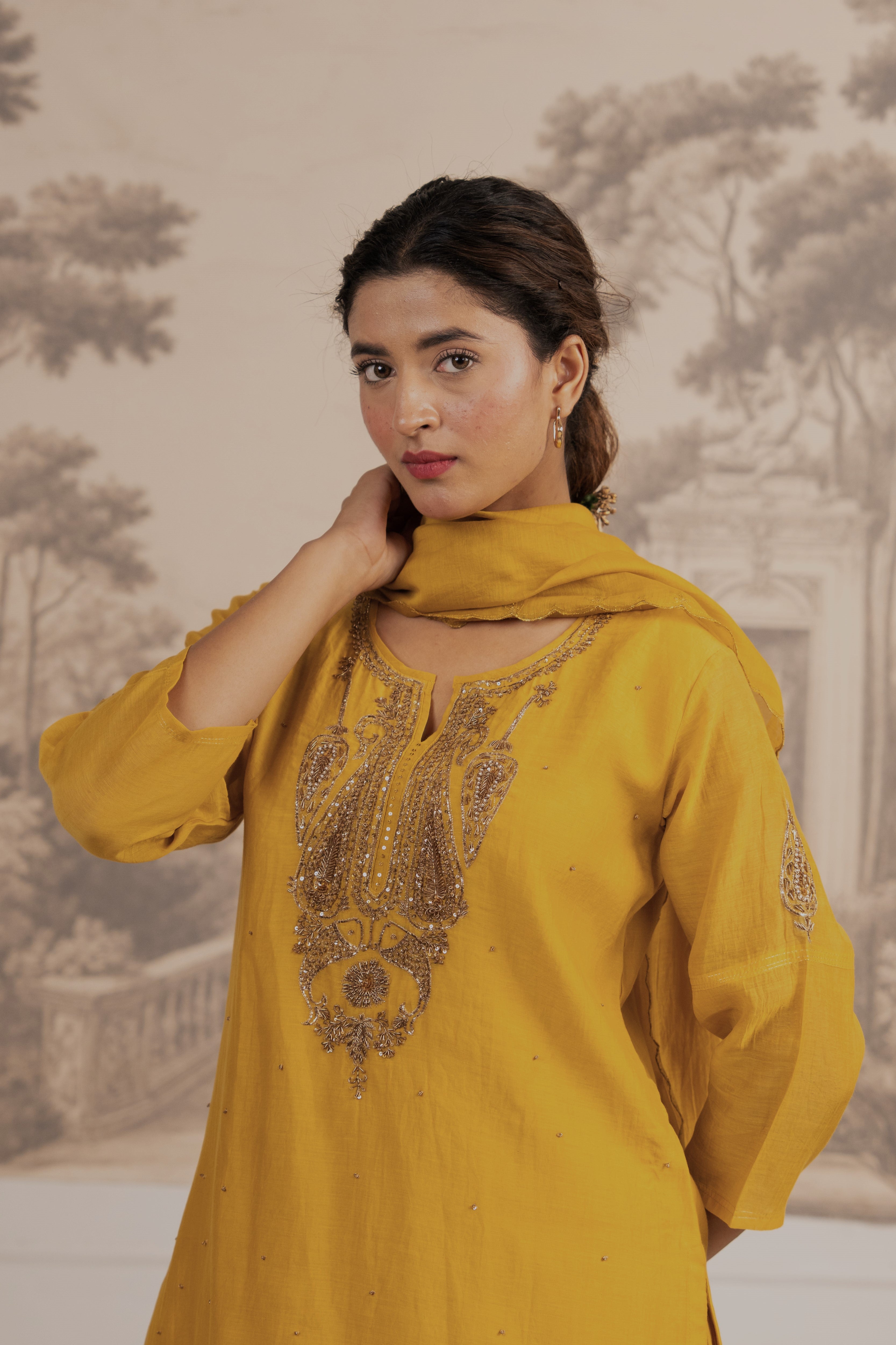 MUSTARD YELLOW MEENA TOP SET WITH DUPATTA