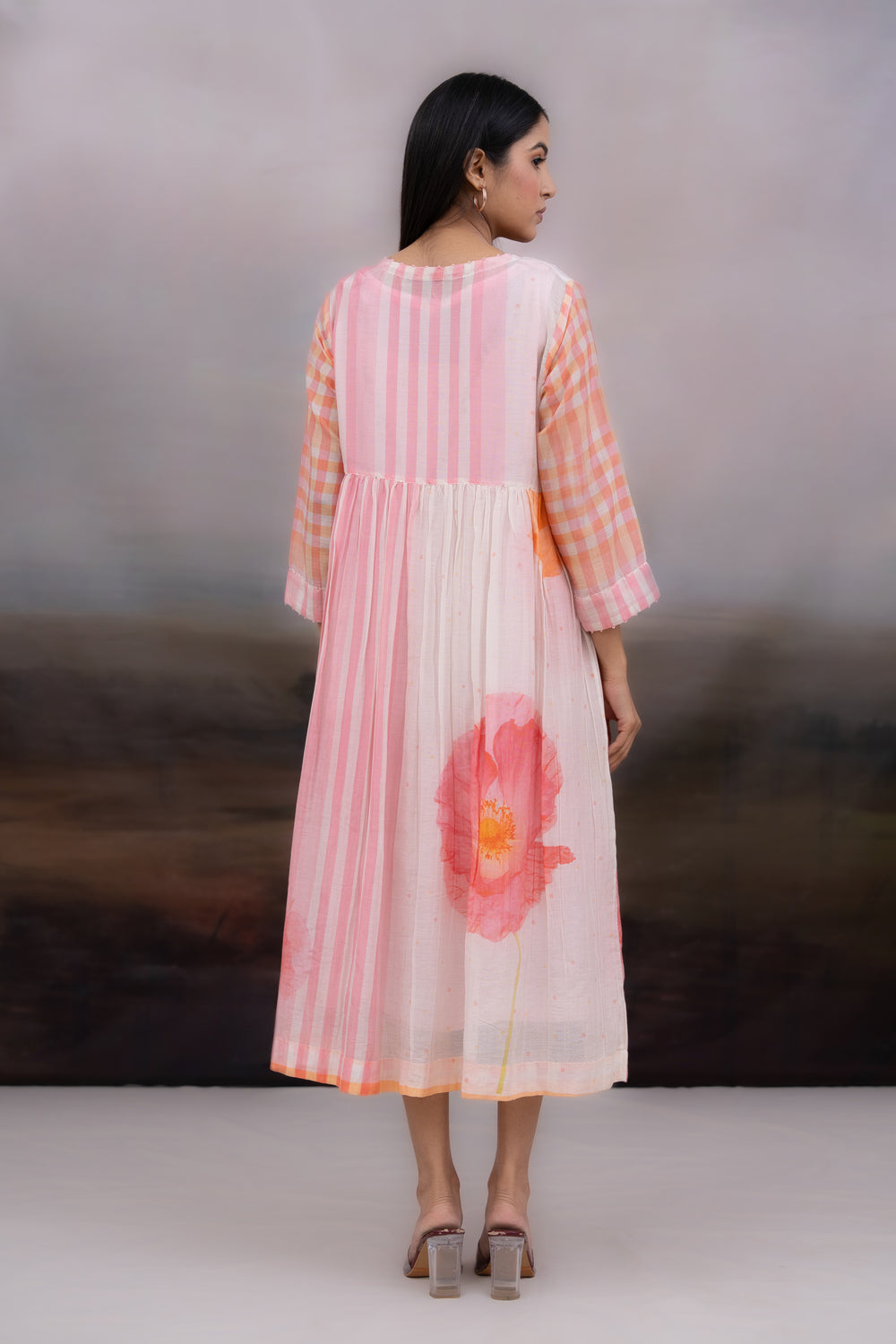 Check and flowers front open dress