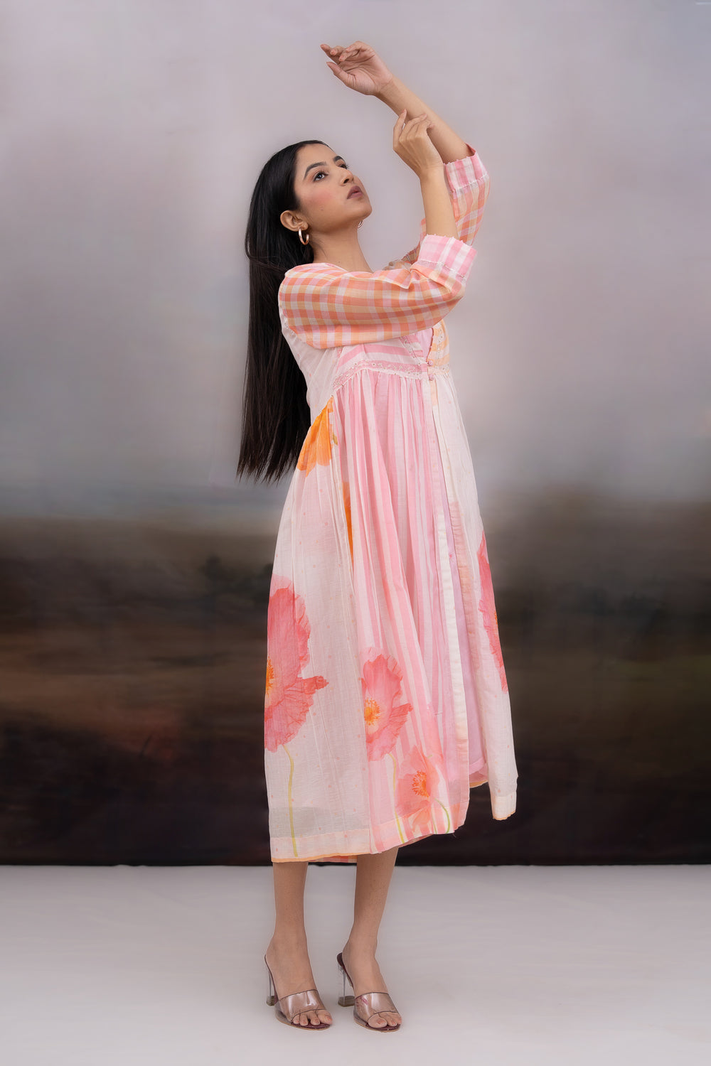Check and flowers front open dress