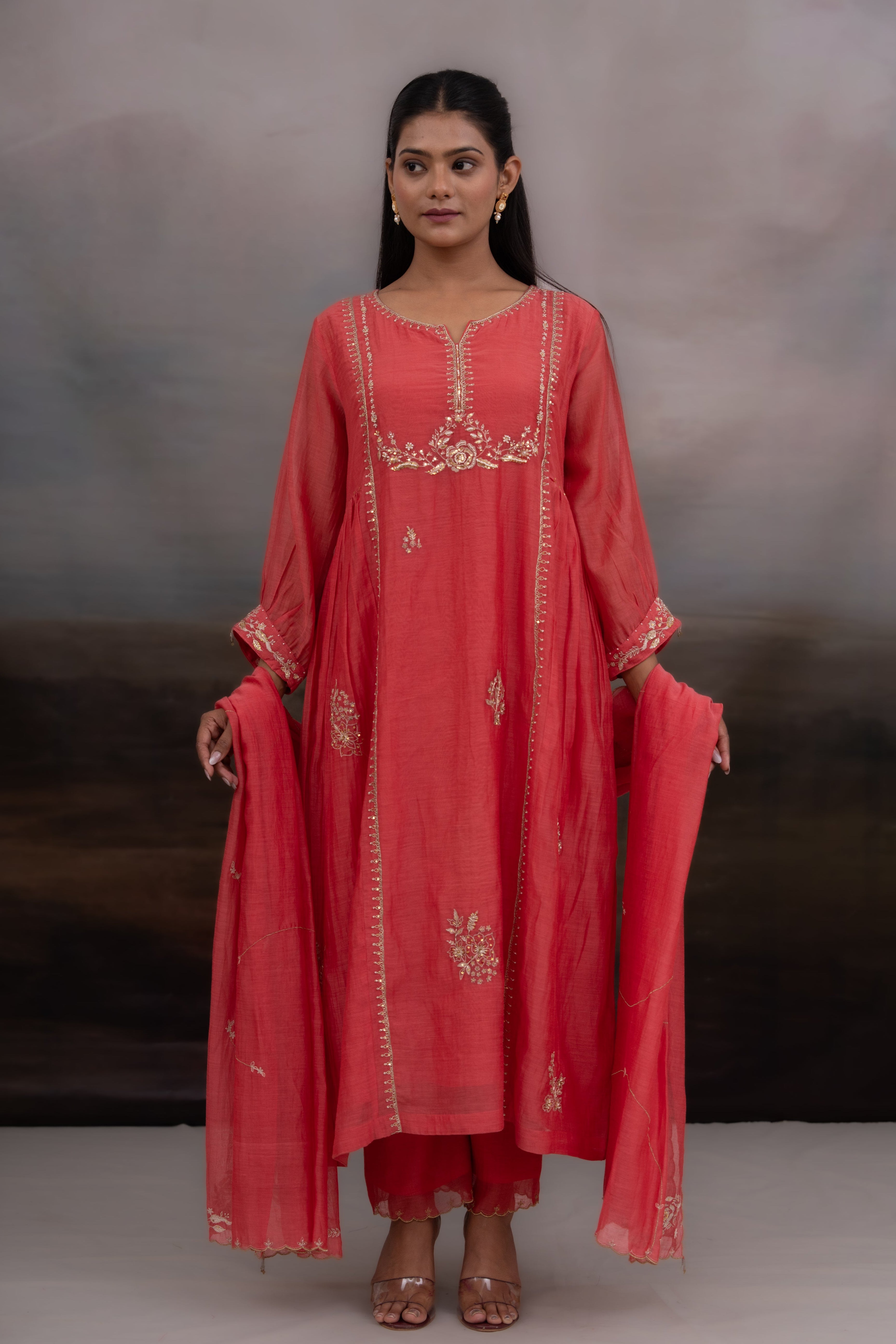 Coral pink Rose gold Zardosi kurta set