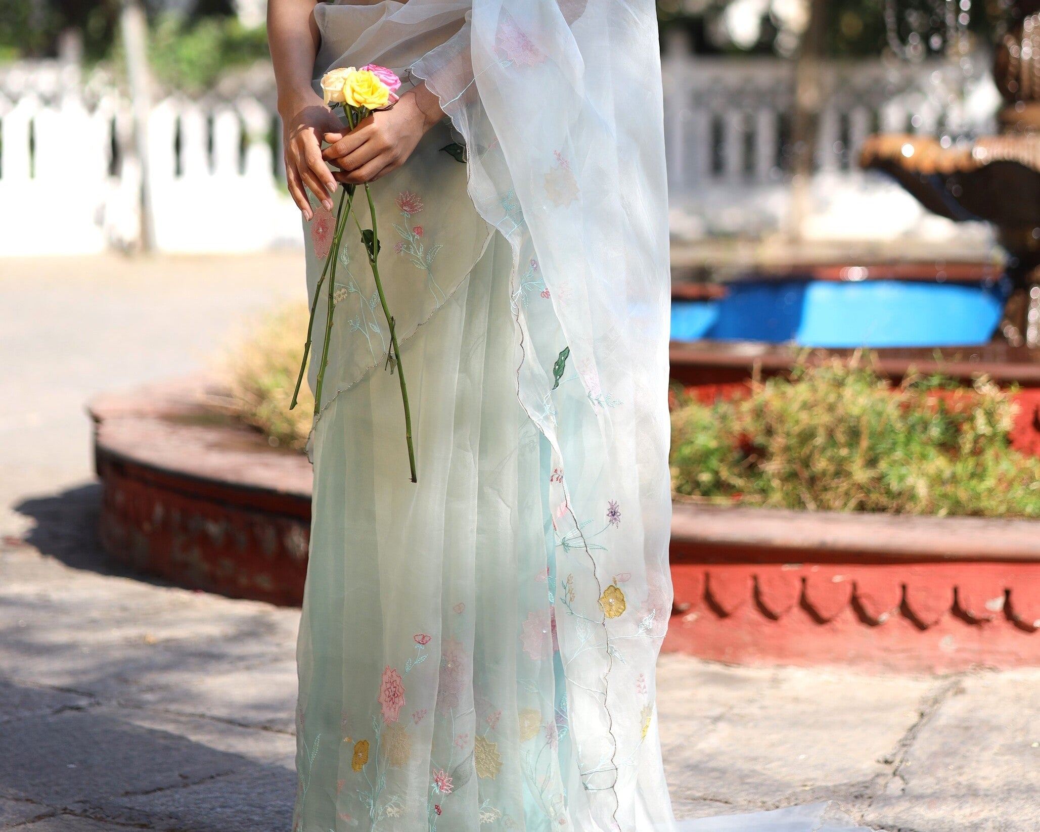 ICE BLUE APPLIQUE ORGANZA SILK SAREE