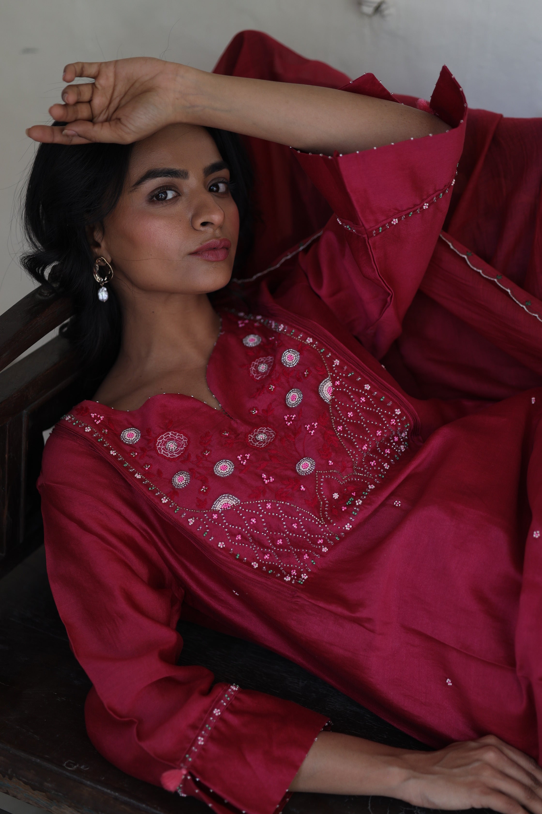Magenta Pink glass beaded Suit set