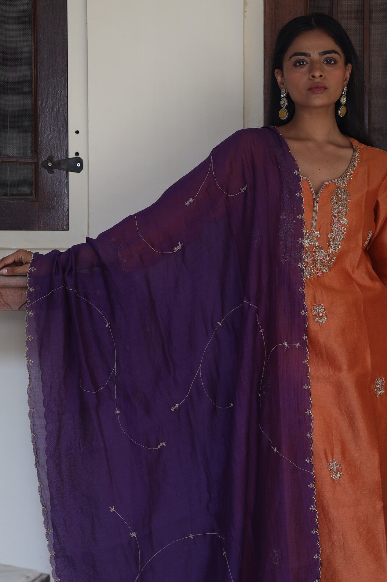 Rust orange peonies and parrot kurta set