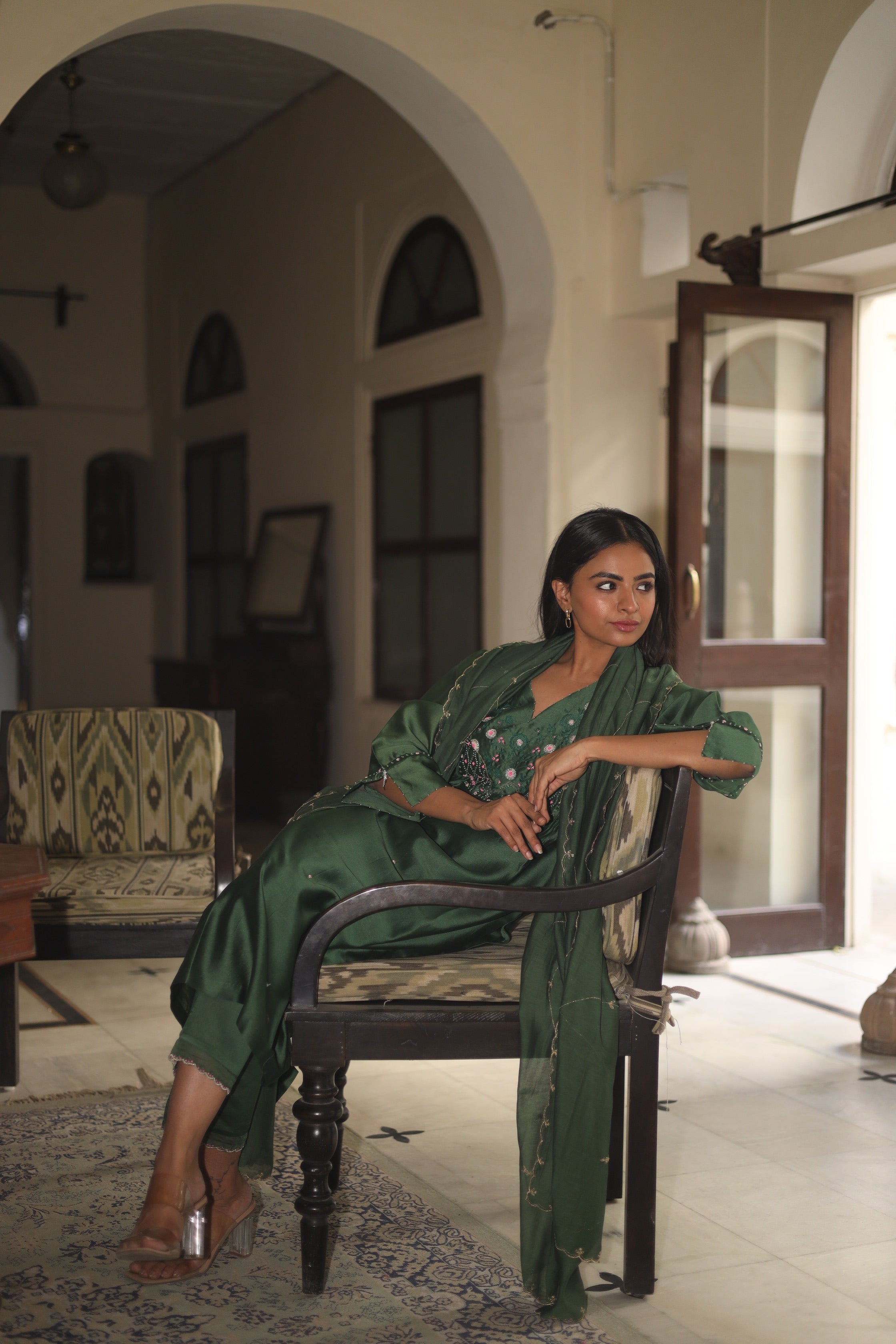 Bottle green Glass beaded Suit set