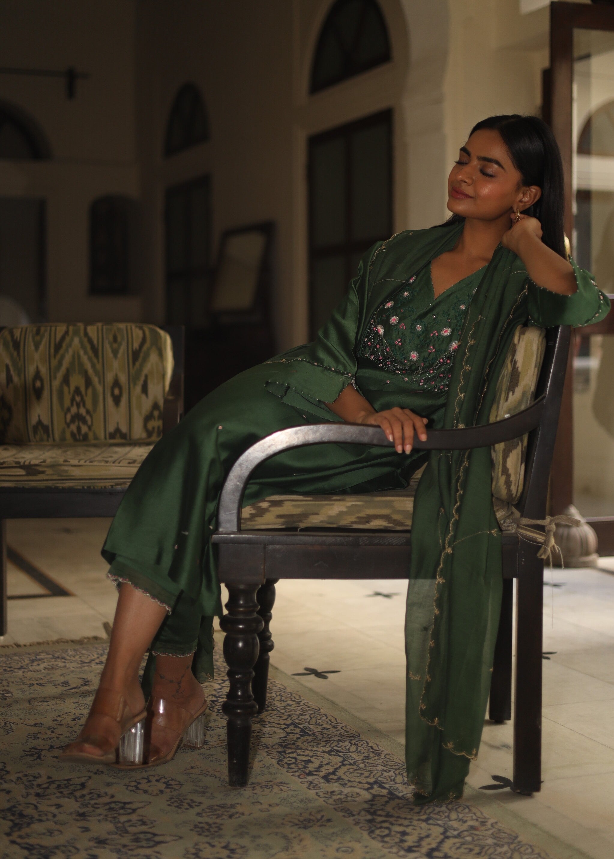 Bottle green Glass beaded Suit set