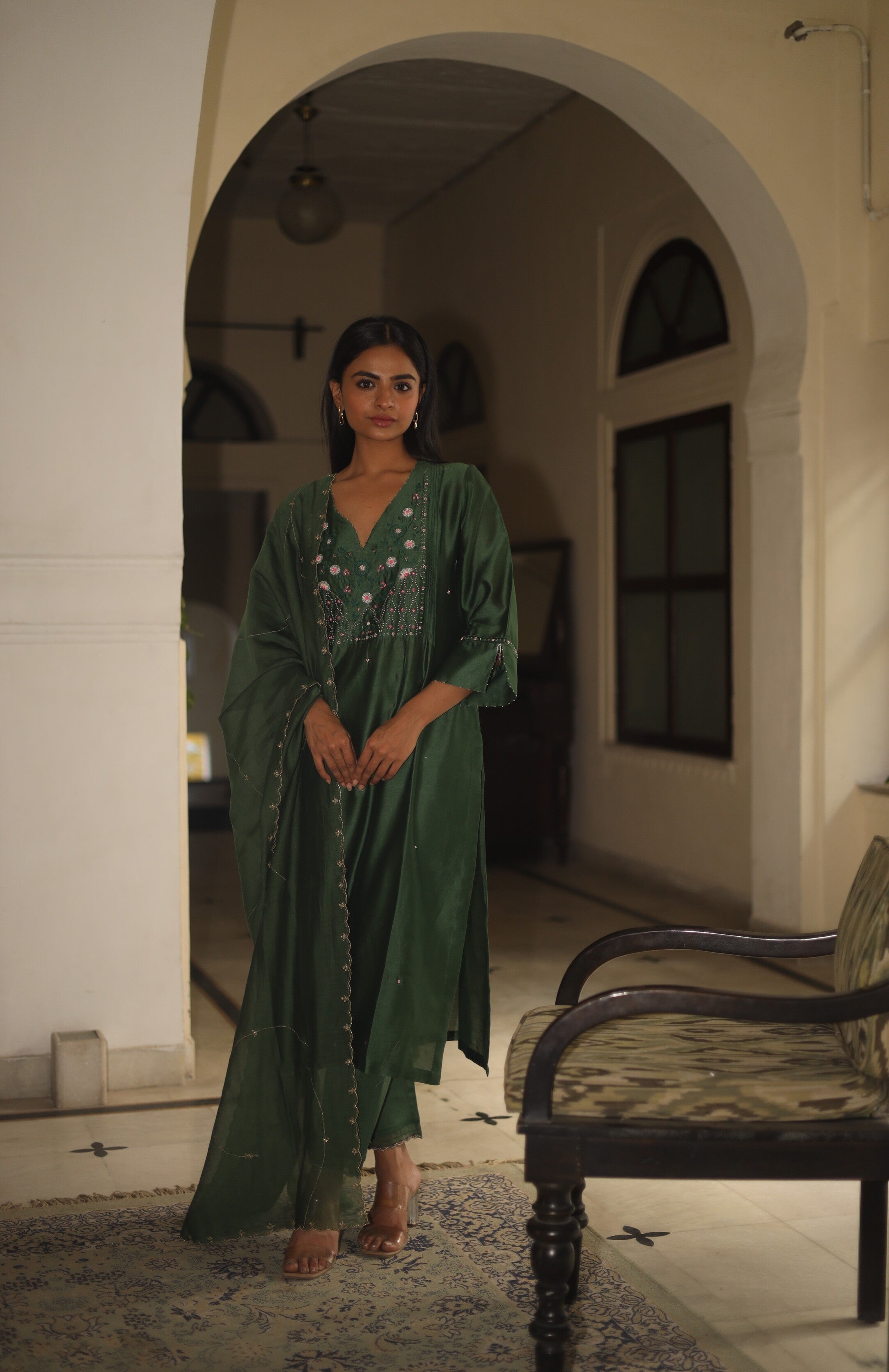 Bottle green Glass beaded Suit set