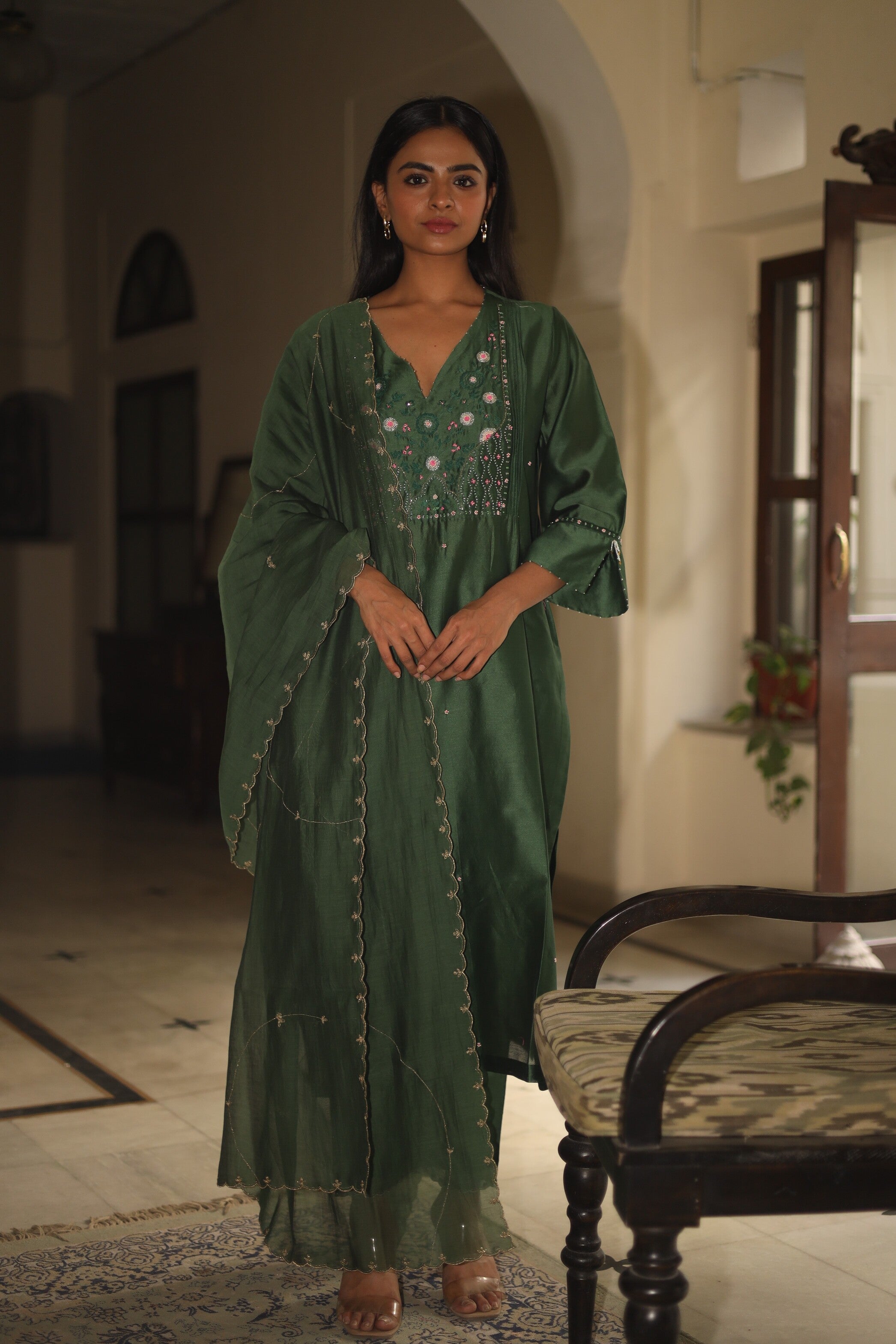 Bottle green Glass beaded Suit set