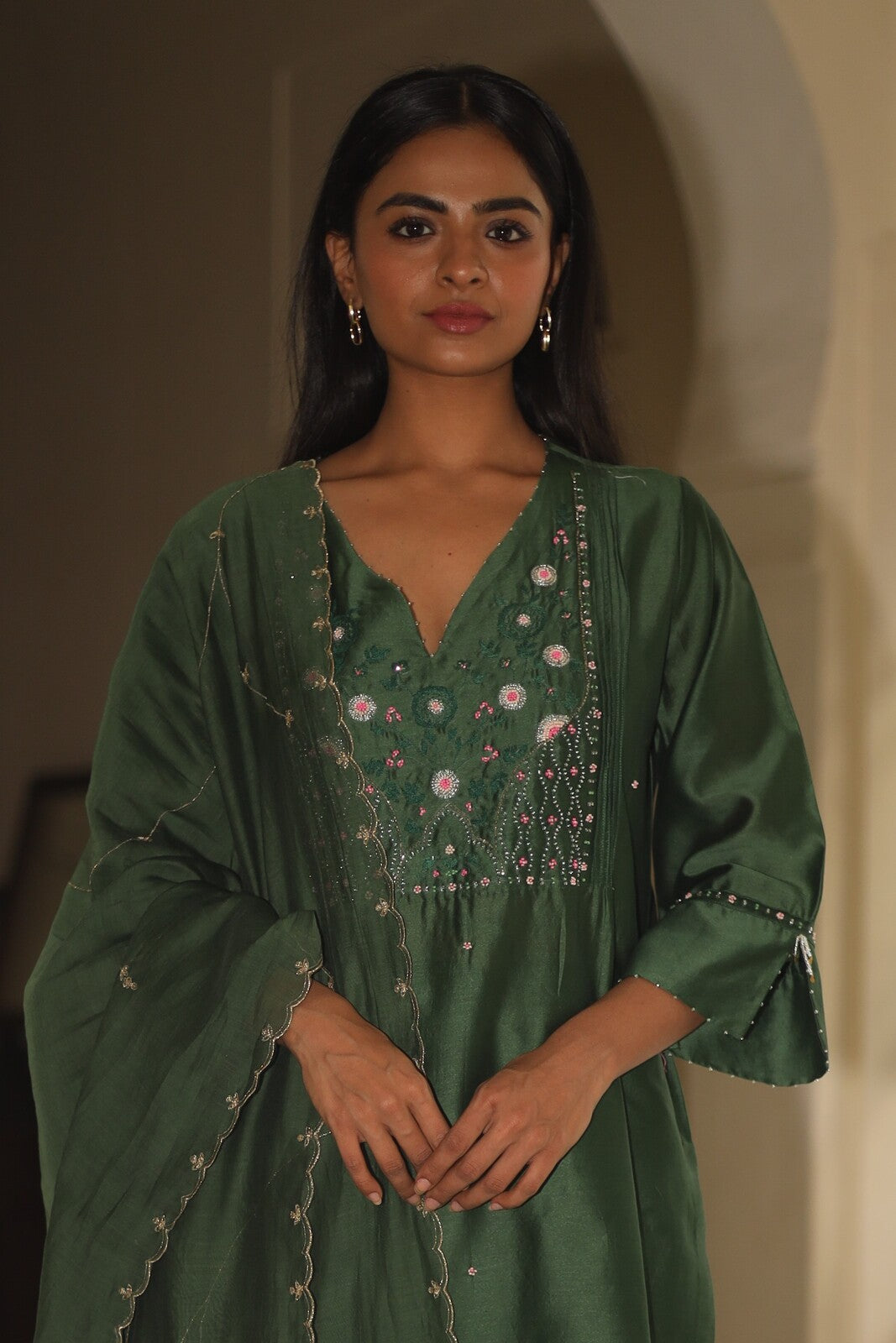 Bottle green Glass beaded Suit set