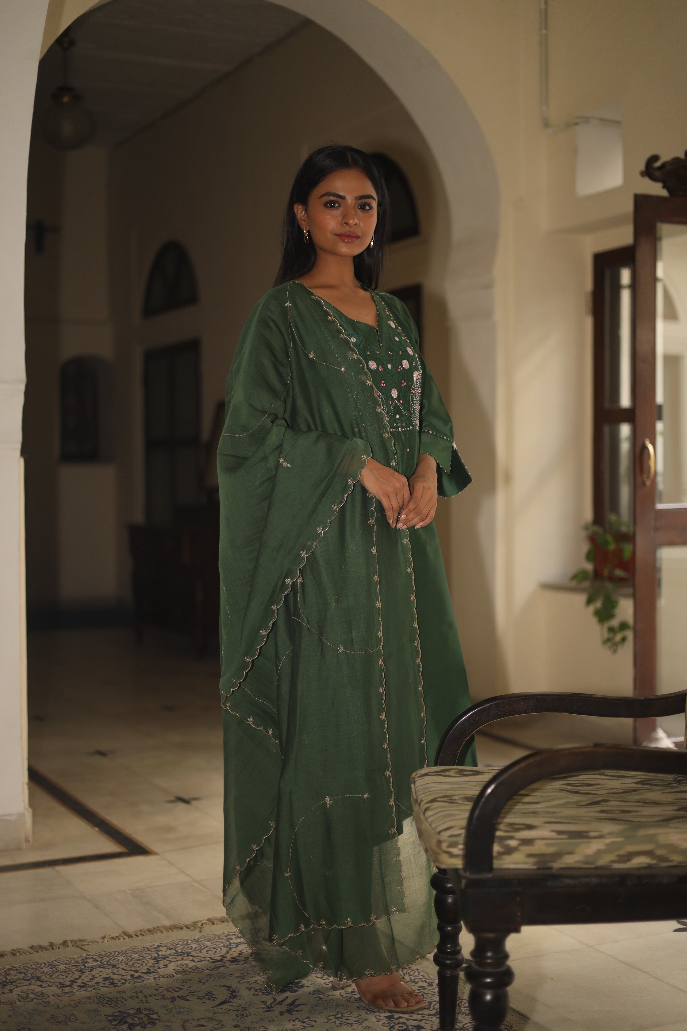 Bottle green Glass beaded Suit set