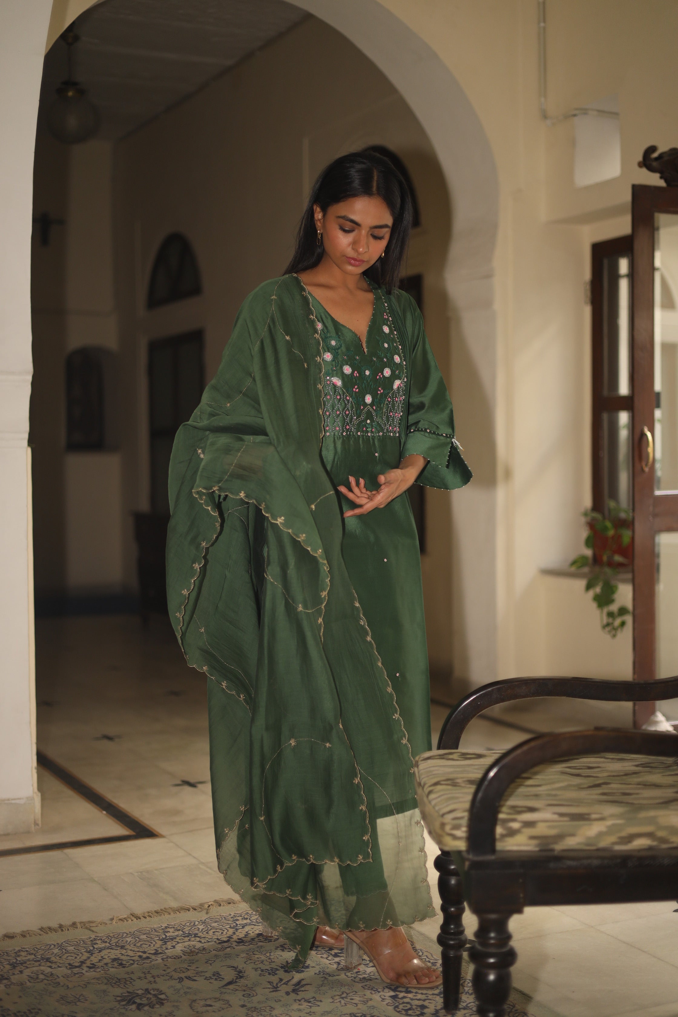 Bottle green Glass beaded Suit set