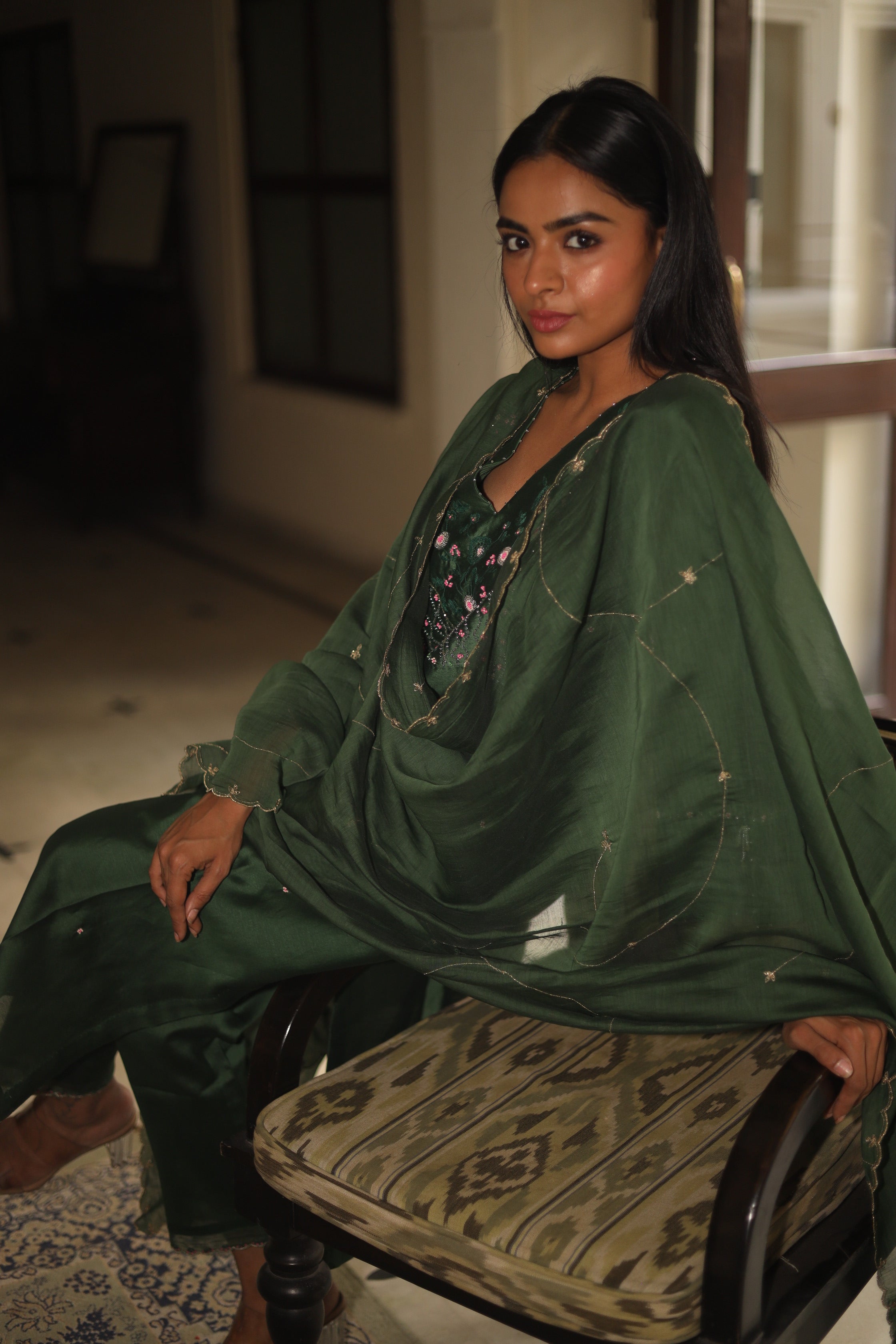 Bottle green Glass beaded Suit set