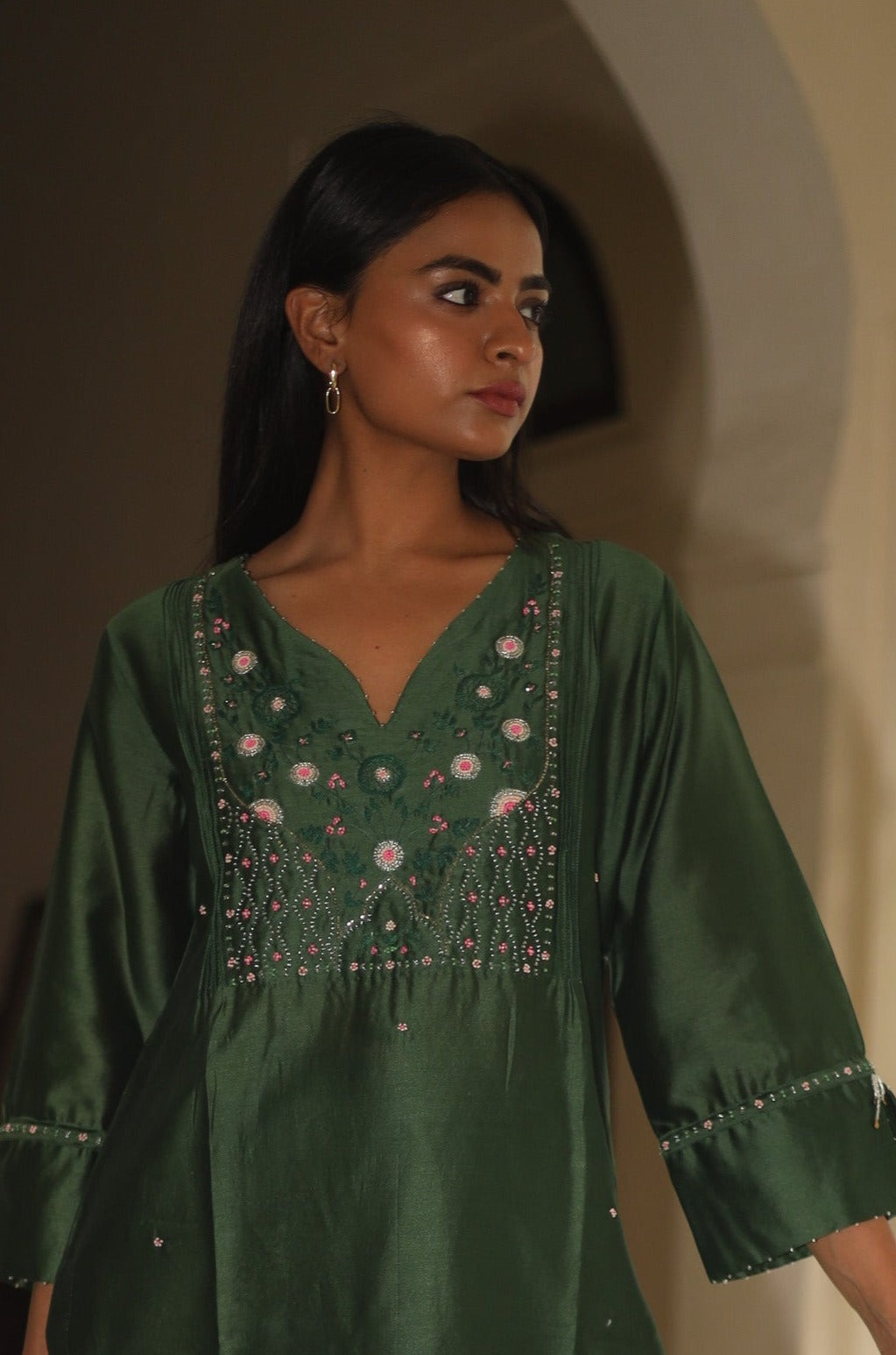 Bottle green Glass beaded Suit set