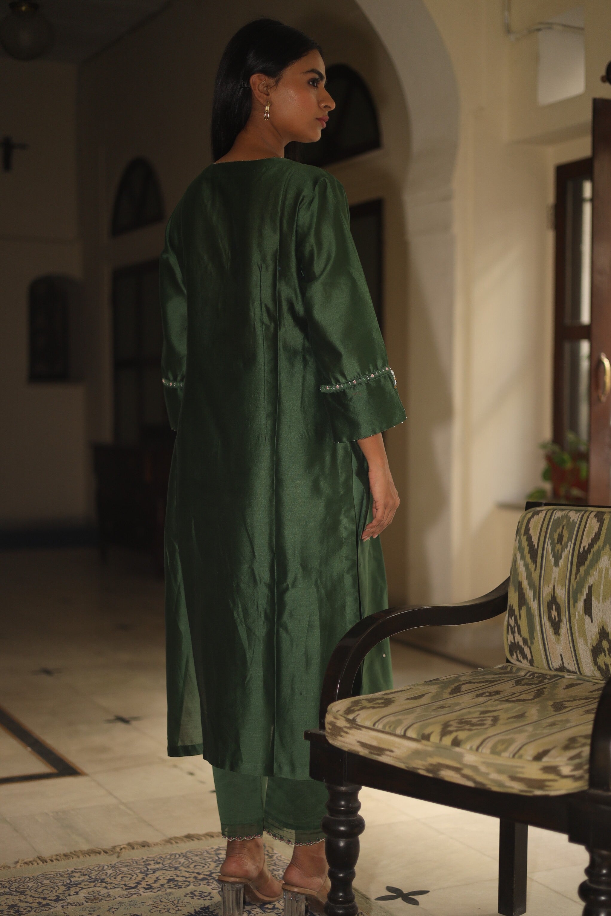 Bottle green Glass beaded Suit set